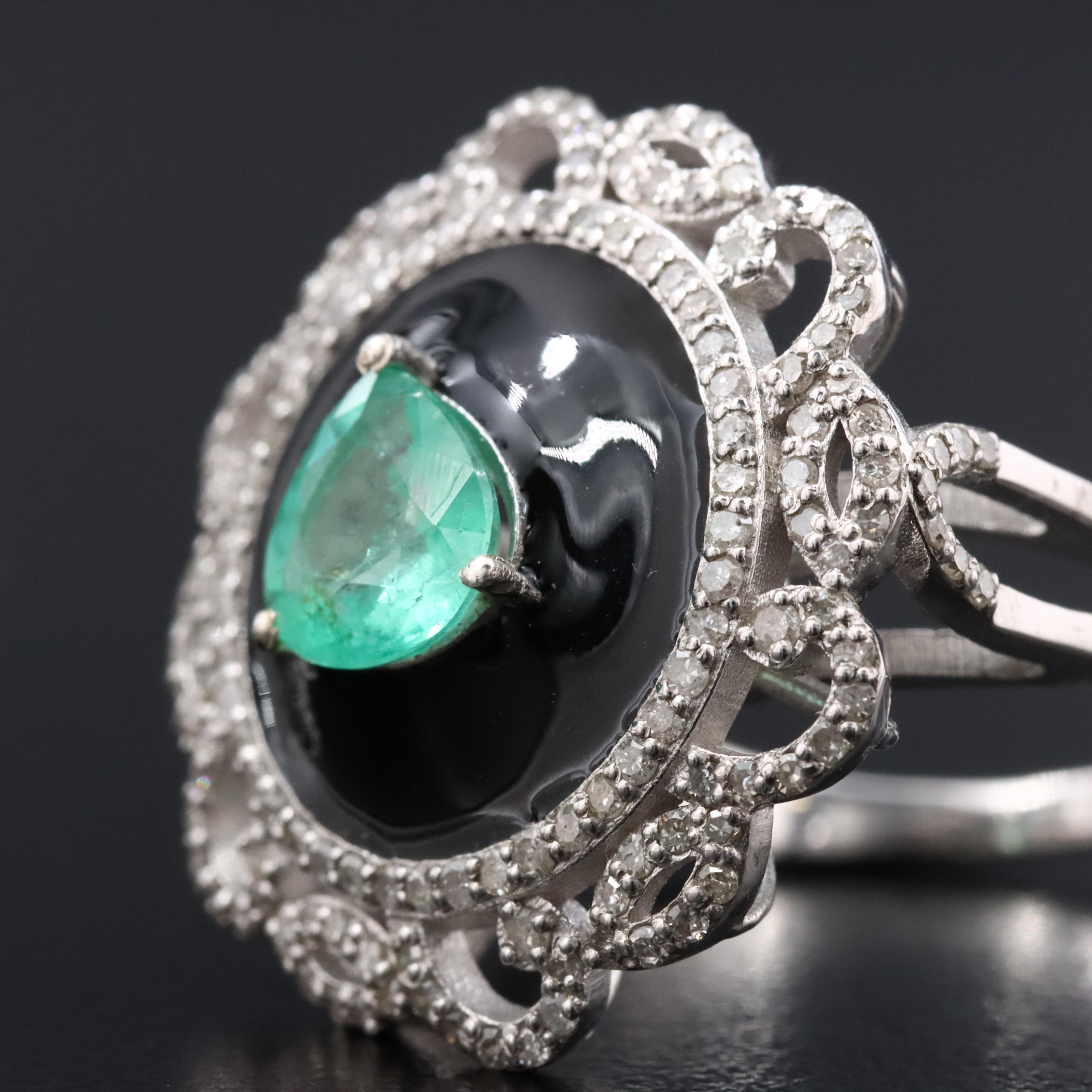 Sterling Ring with Emerald, Diamonds and Enamel