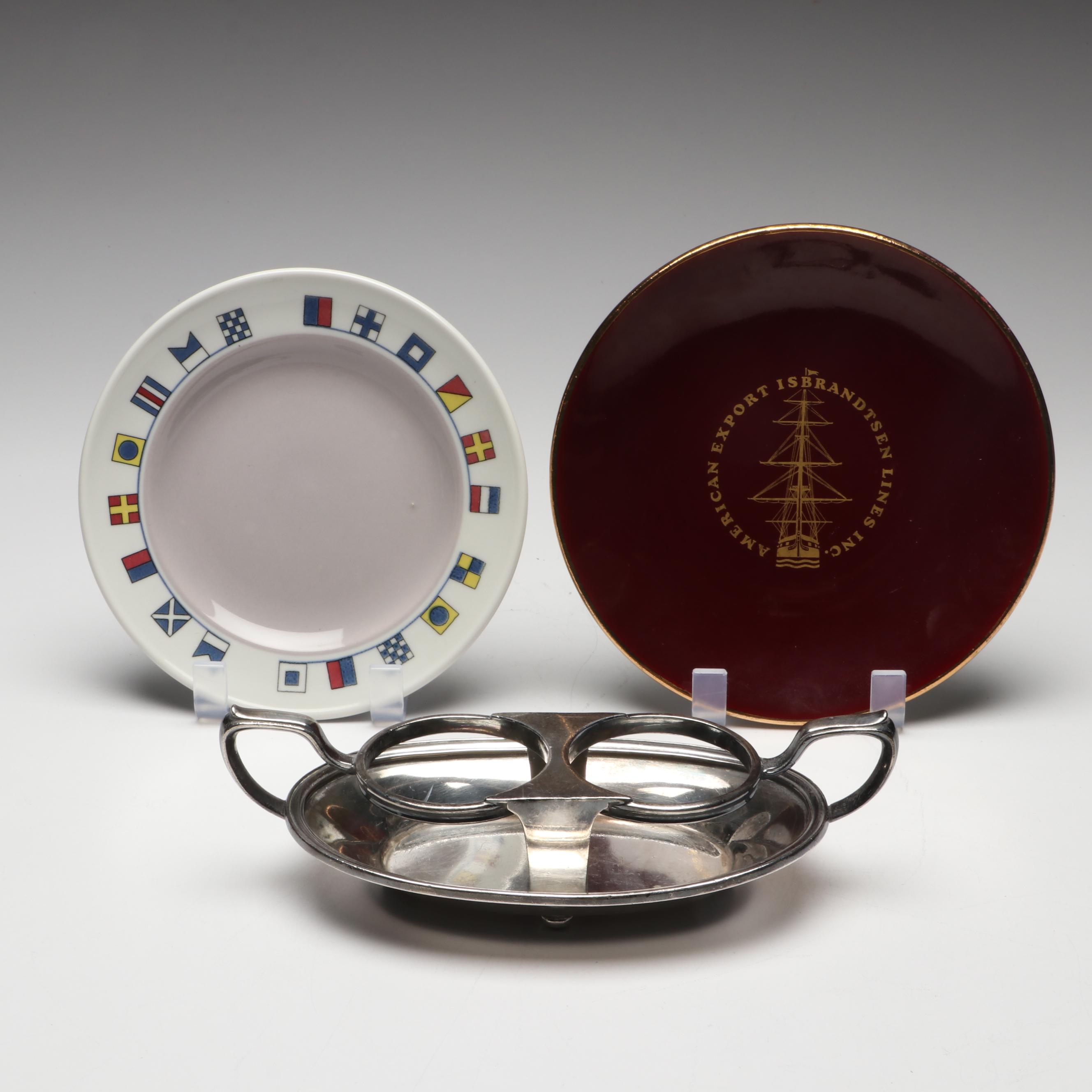 American Export Line Souvenir Plates with Reed & Barton Condiment Caddy