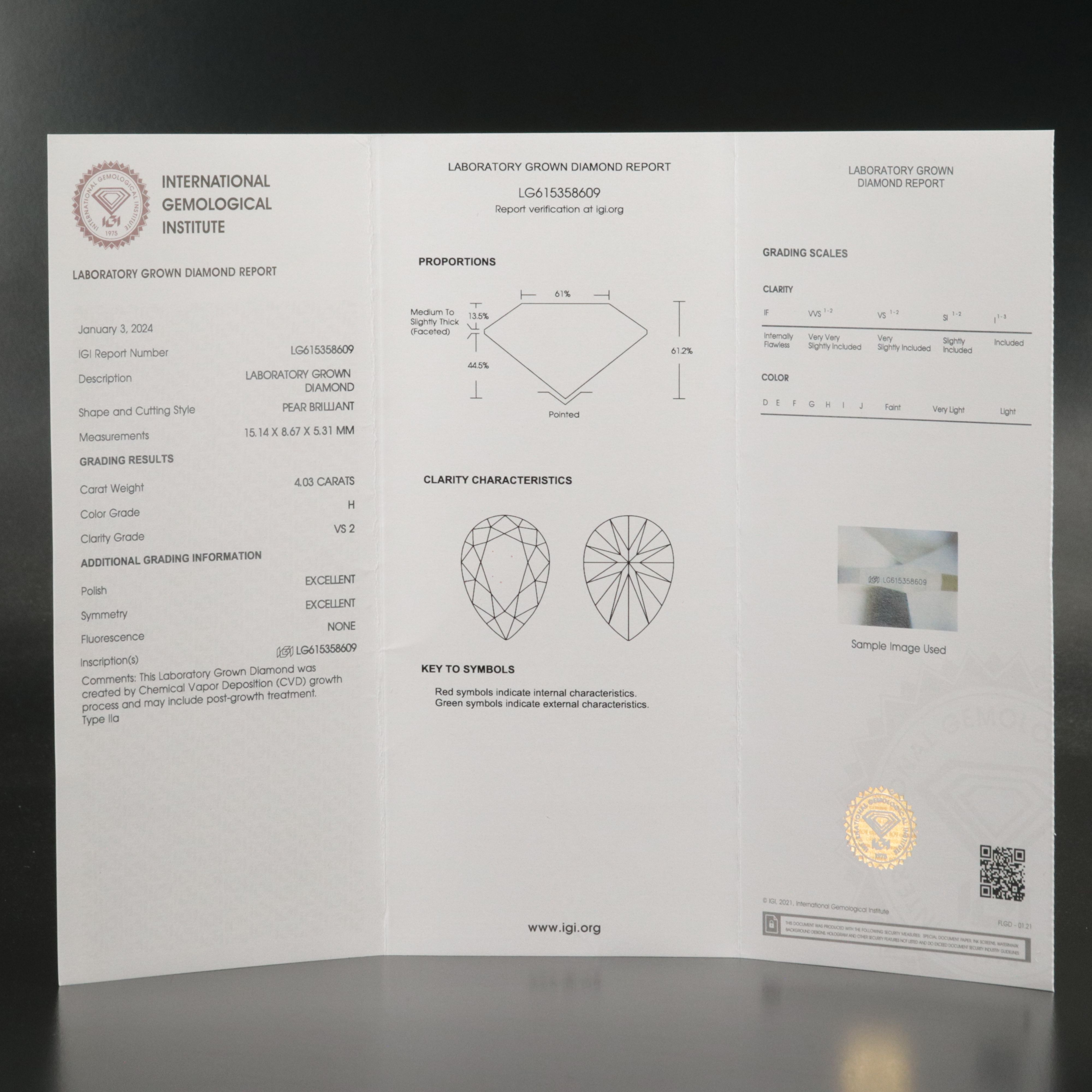 Loose 4.03 CT Lab Grown Diamond with IGI Report