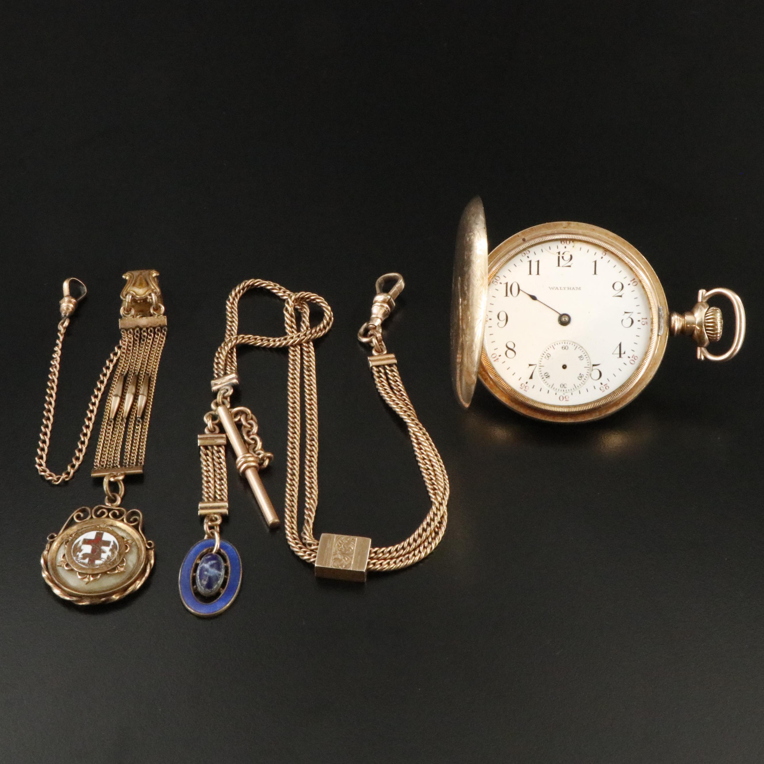 American Waltham Gold-Filled Pocket Watch with Gemstone Accented Fobs
