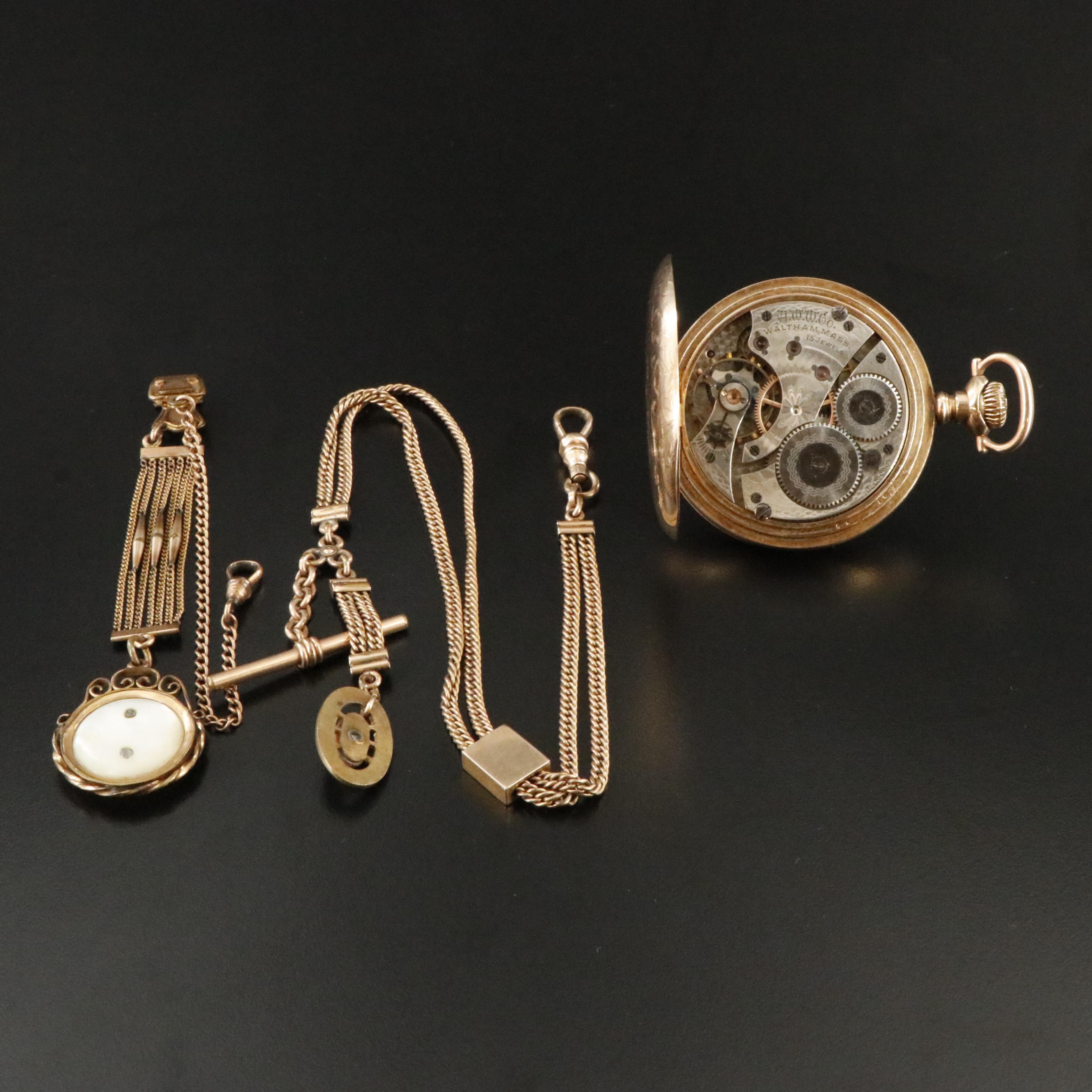 American Waltham Gold-Filled Pocket Watch with Gemstone Accented Fobs