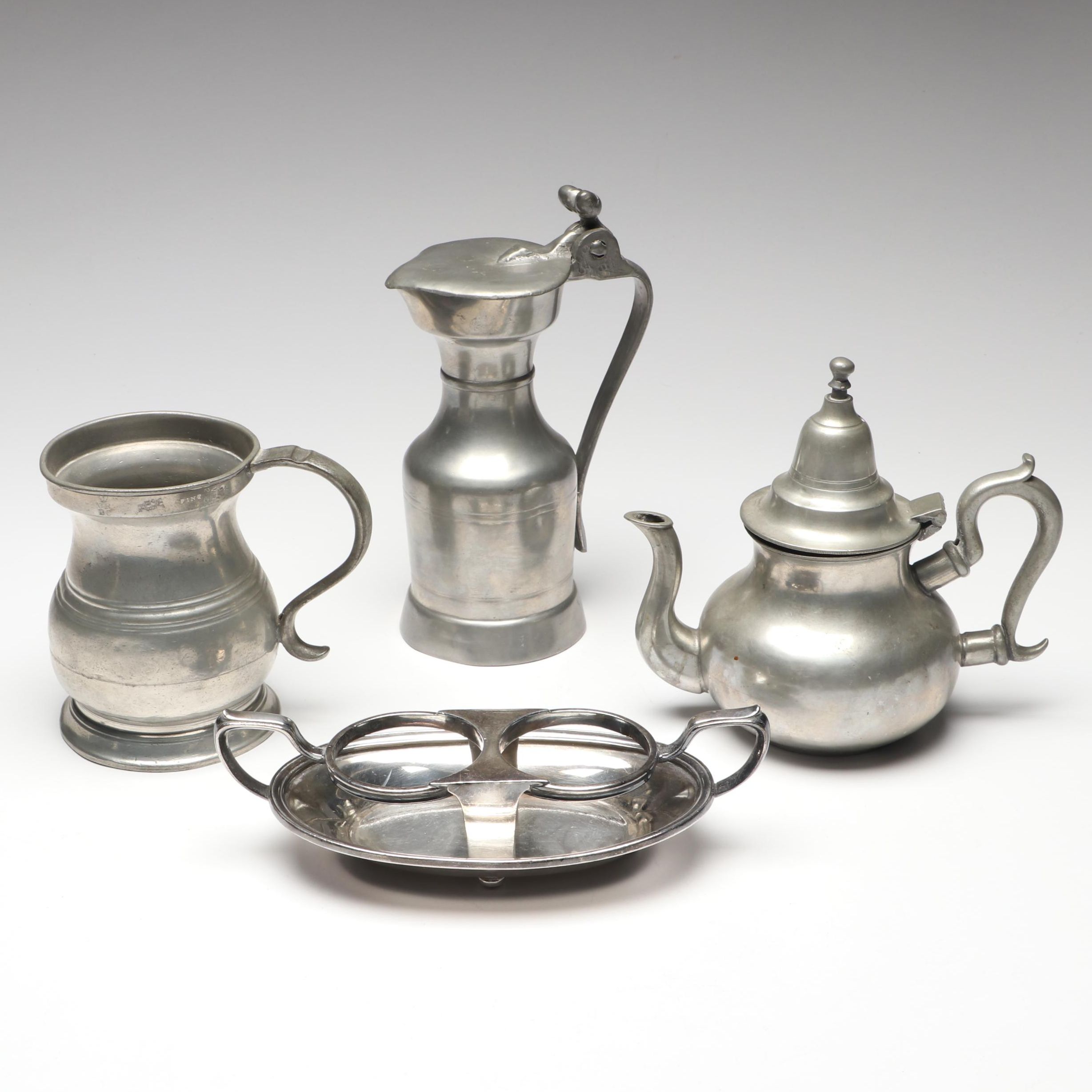 Victorian English Tankard with Other Pewter Teapot and Acorn Pitcher