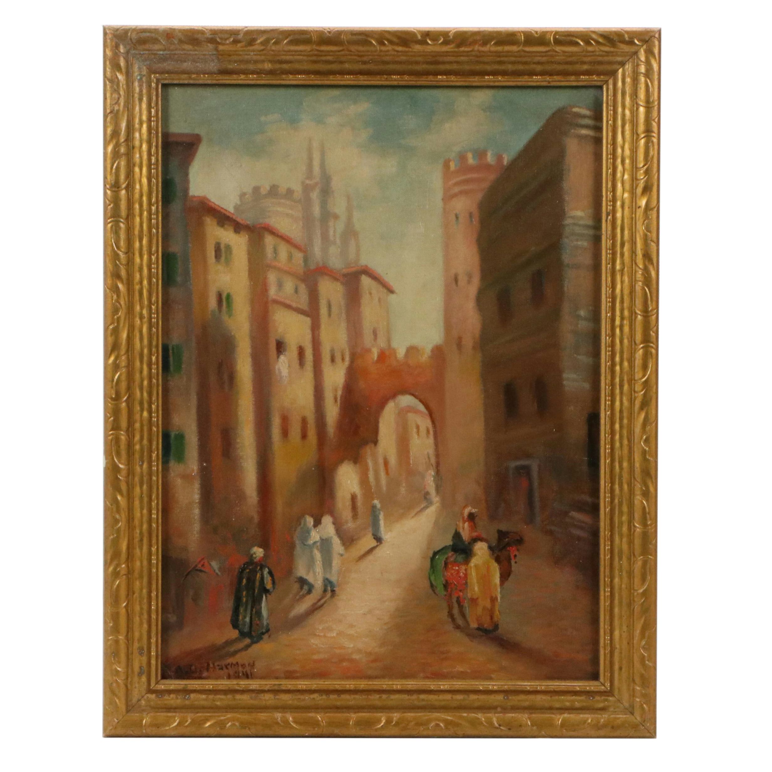 A.D. Harmon Oil Painting of Street Scene in Fes, Morocco
