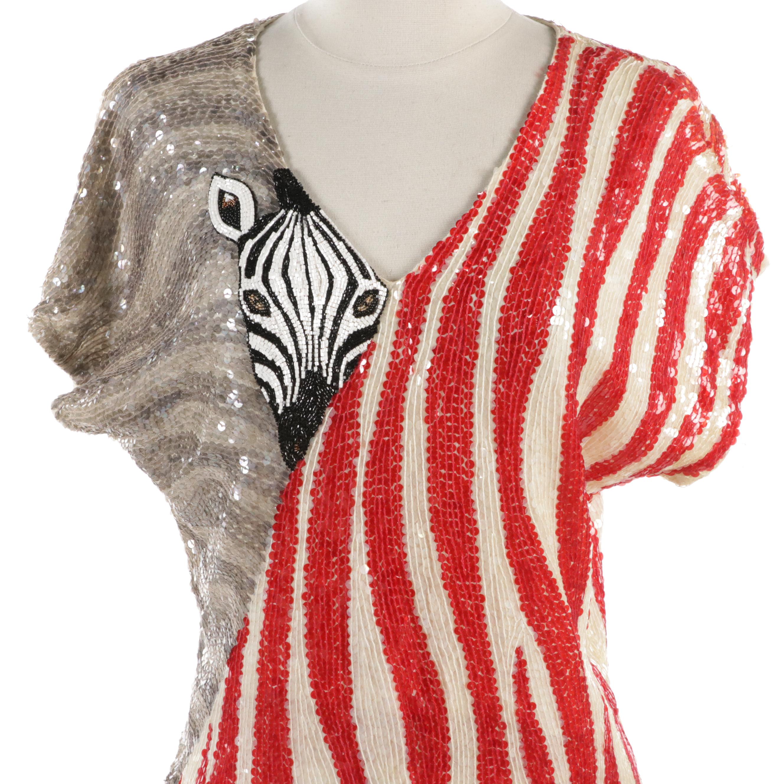 Neiman-Marcus Zebra Stripe Beaded and Sequined Silk Cocktail Dress