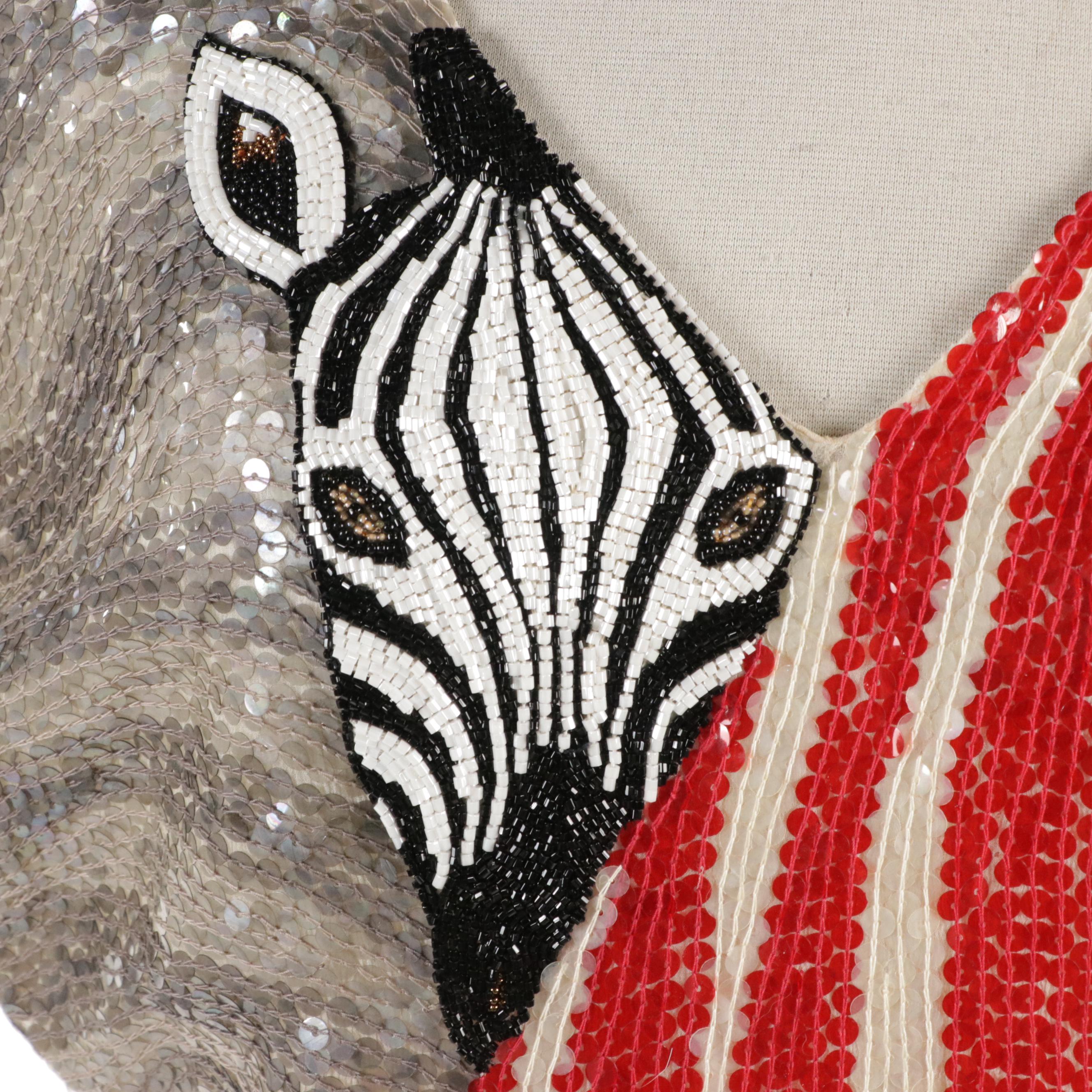 Neiman-Marcus Zebra Stripe Beaded and Sequined Silk Cocktail Dress