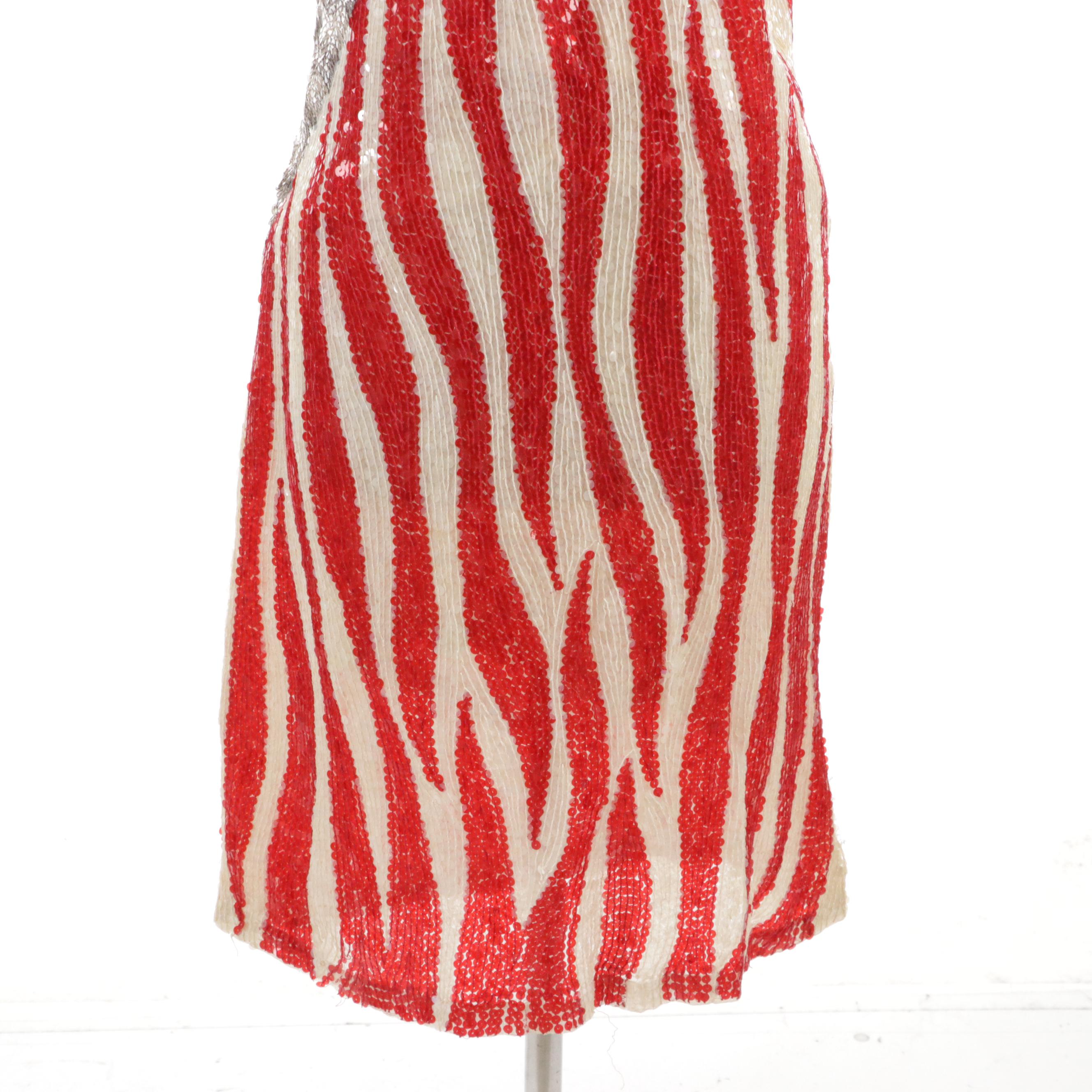 Neiman-Marcus Zebra Stripe Beaded and Sequined Silk Cocktail Dress