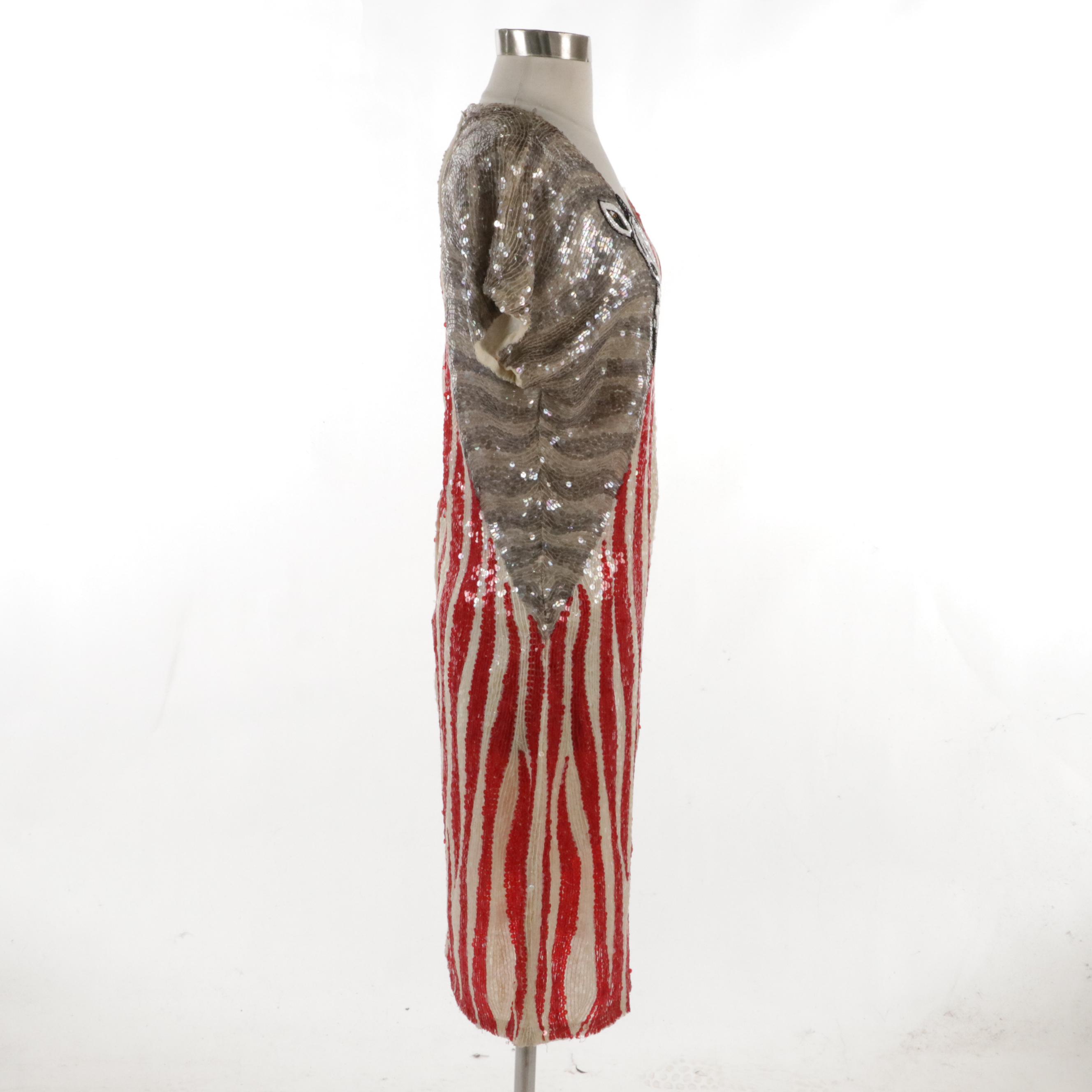 Neiman-Marcus Zebra Stripe Beaded and Sequined Silk Cocktail Dress