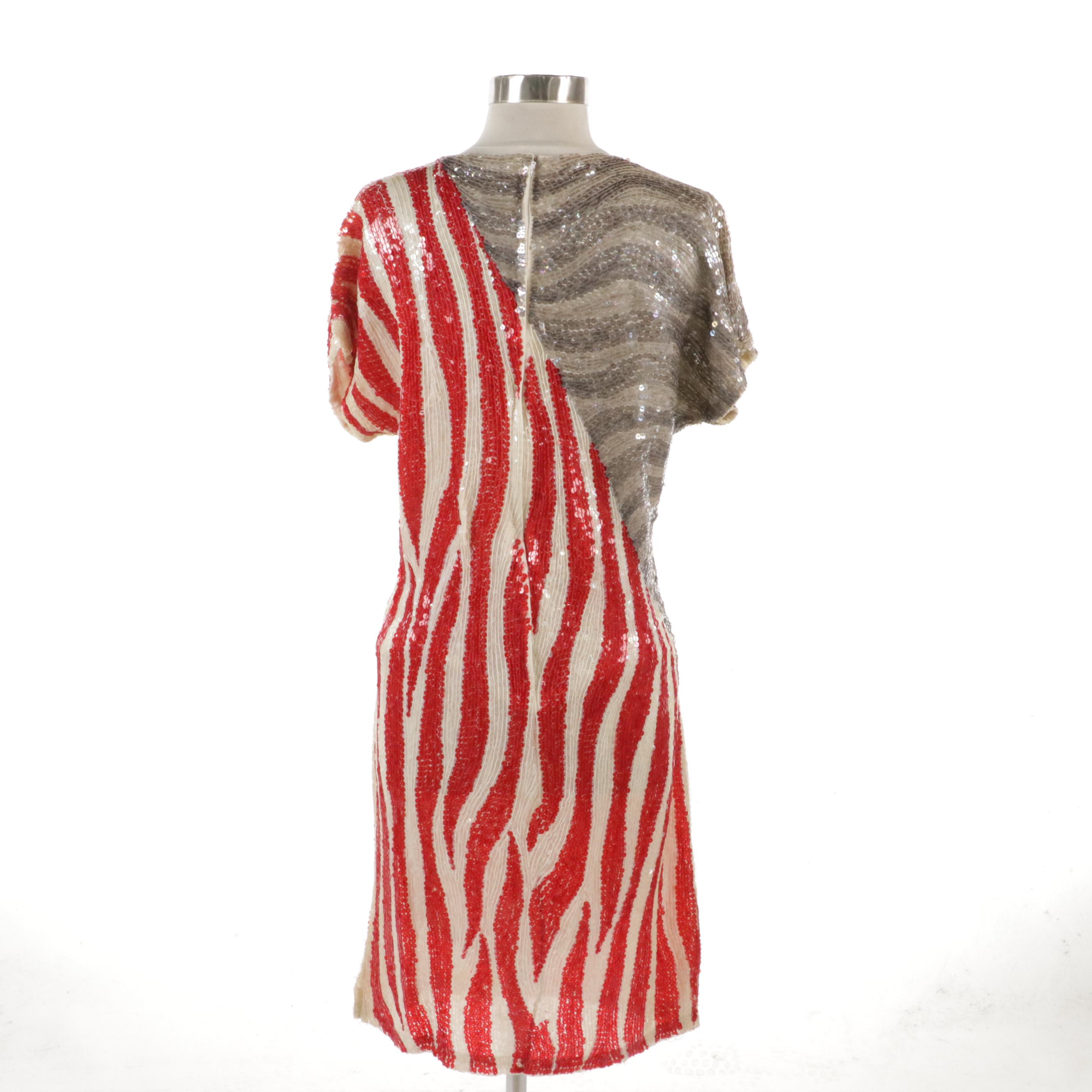 Neiman-Marcus Zebra Stripe Beaded and Sequined Silk Cocktail Dress
