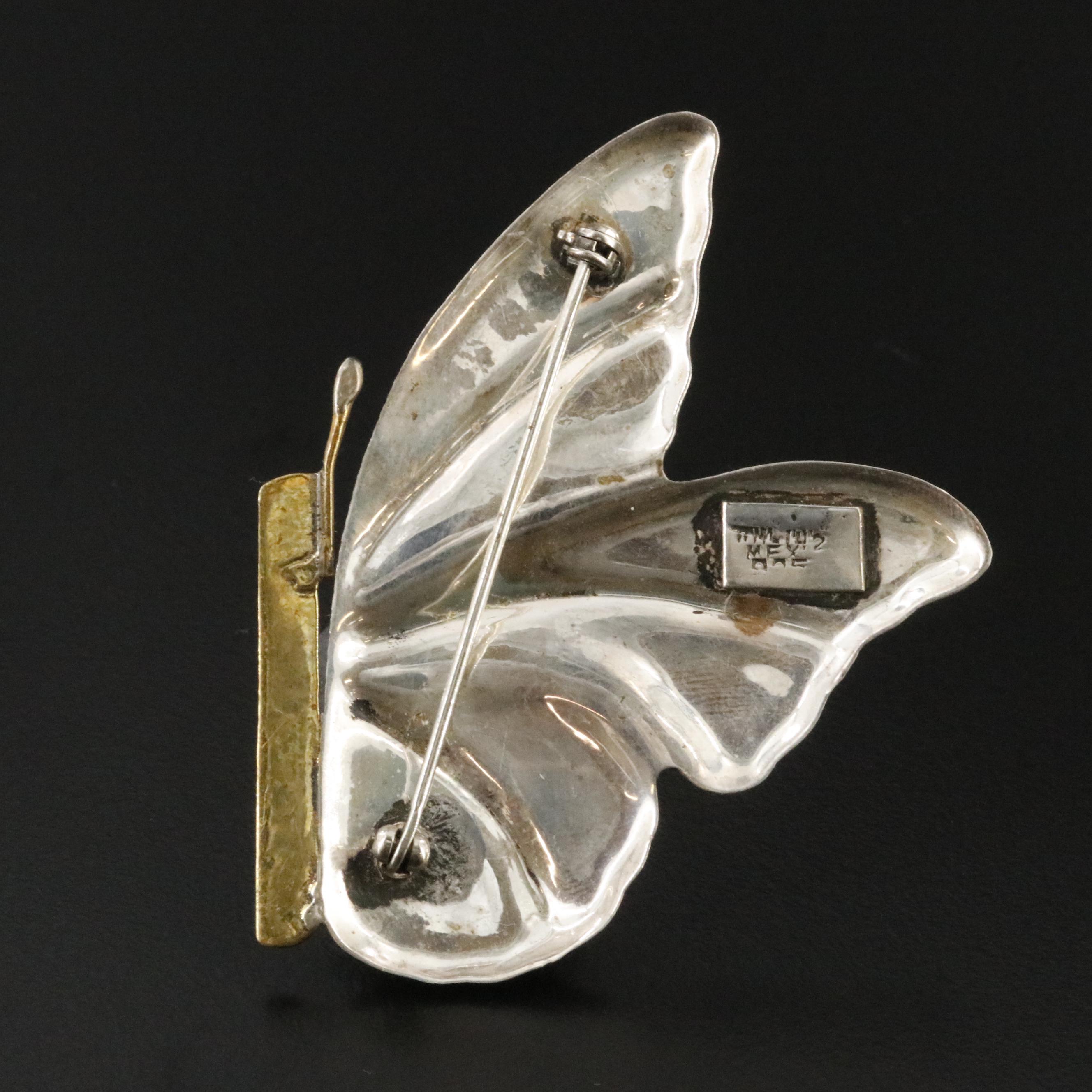 Mexican Sterling and Brass Butterfly Brooch