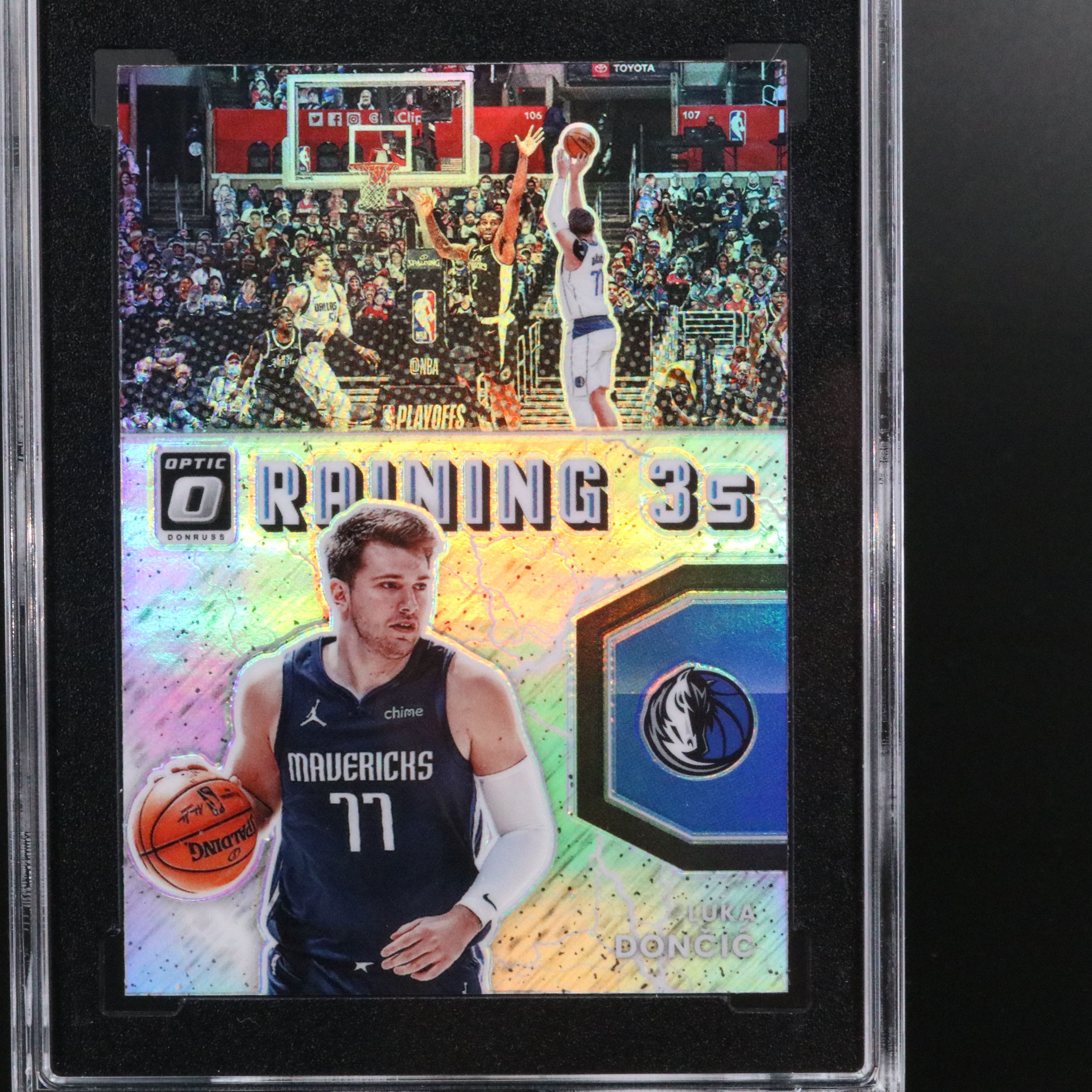 2021-22 Donruss Optic Luka Doncic Raining 3’s Holo Prizm Card Graded SGC 10