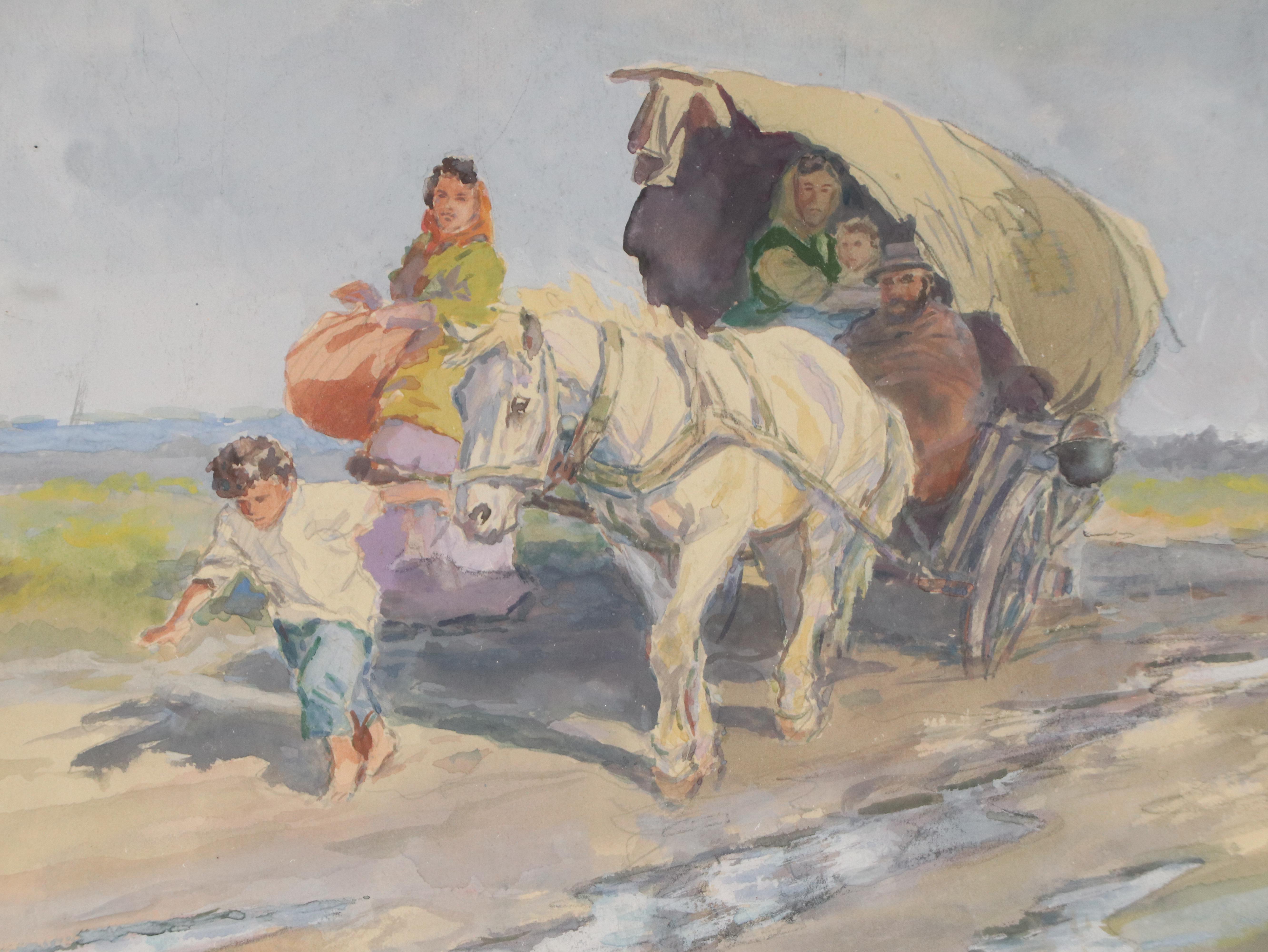 Holoway K. Watercolor Painting of Family in Horse-Drawn Covered Wagon