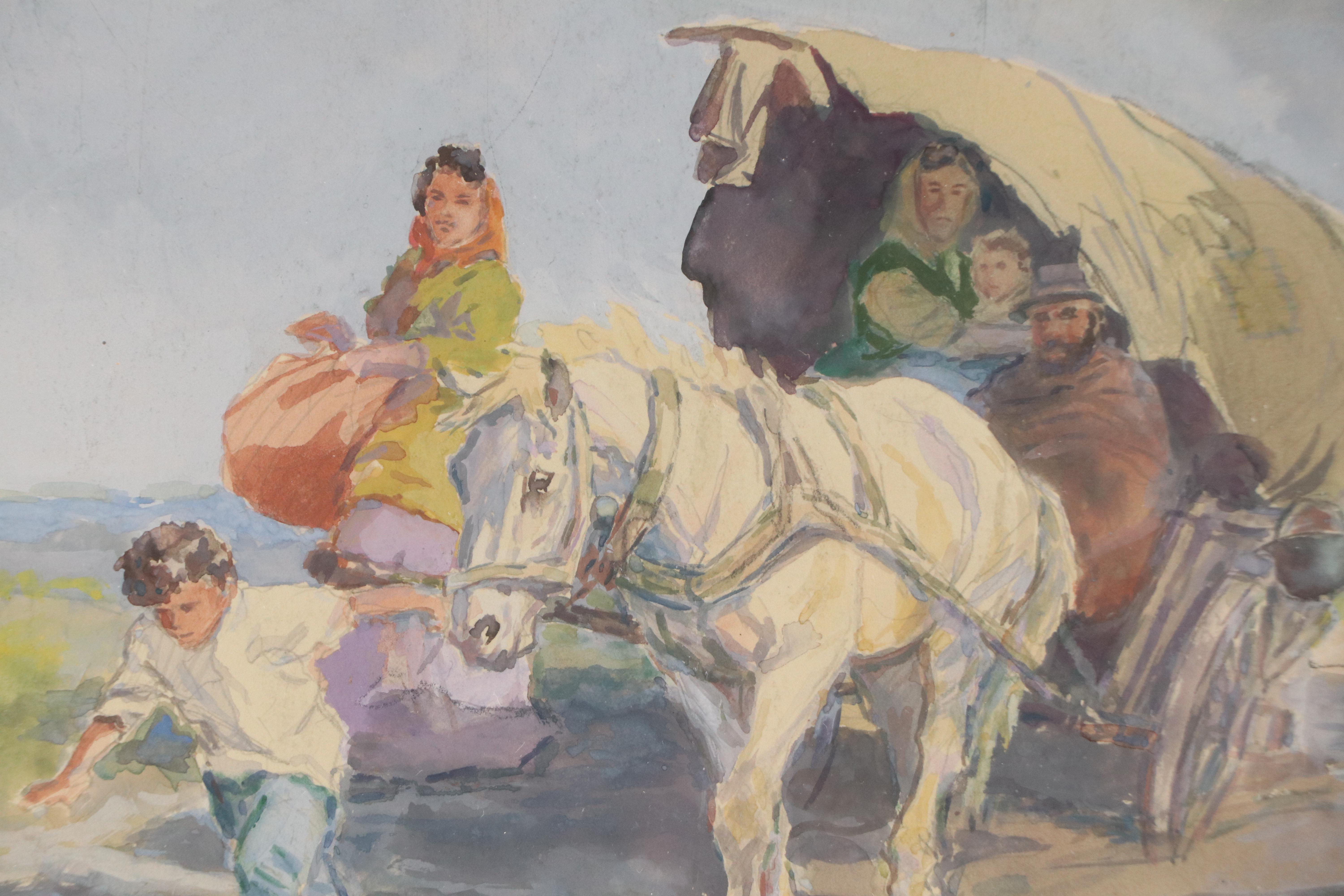 Holoway K. Watercolor Painting of Family in Horse-Drawn Covered Wagon
