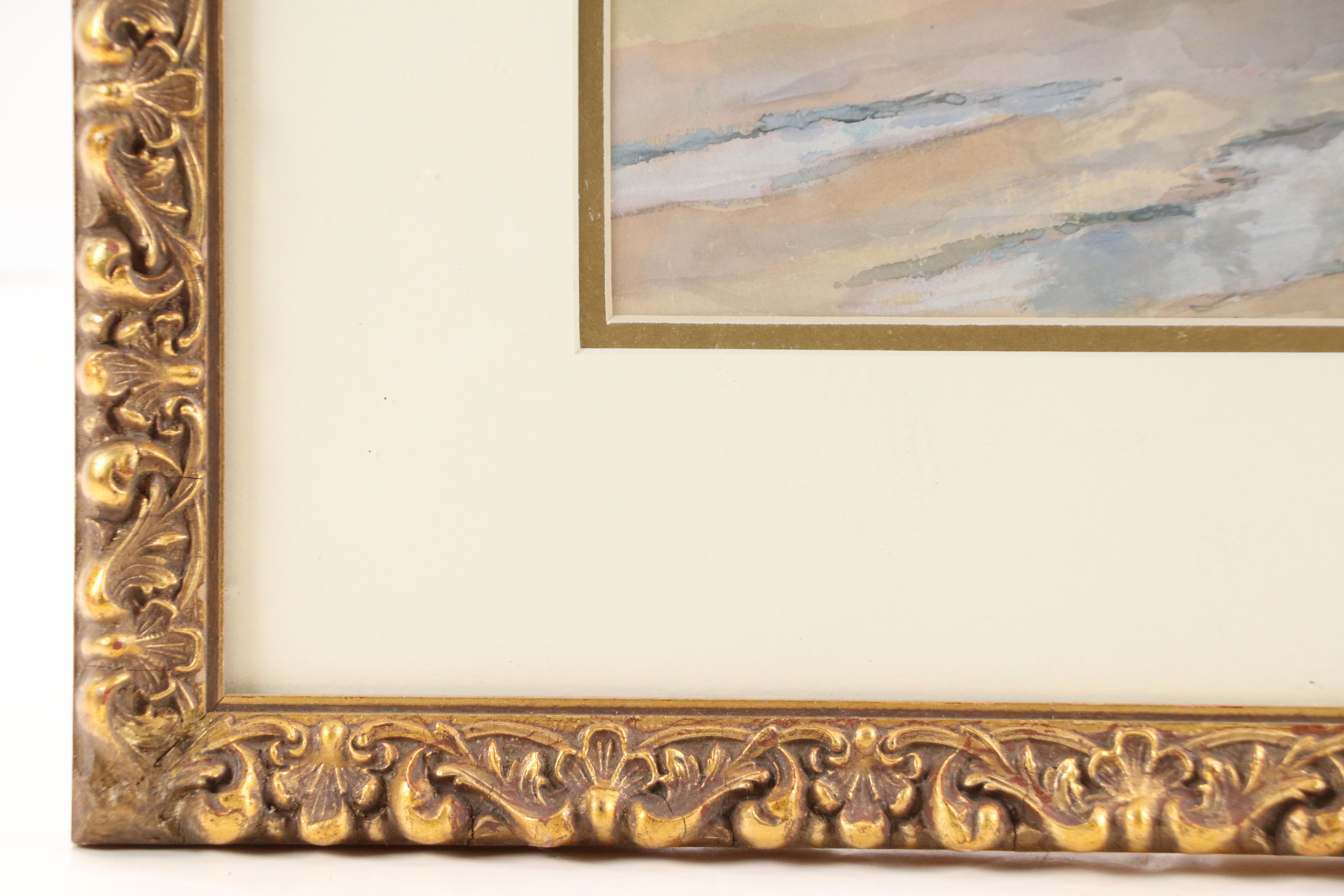 Holoway K. Watercolor Painting of Family in Horse-Drawn Covered Wagon