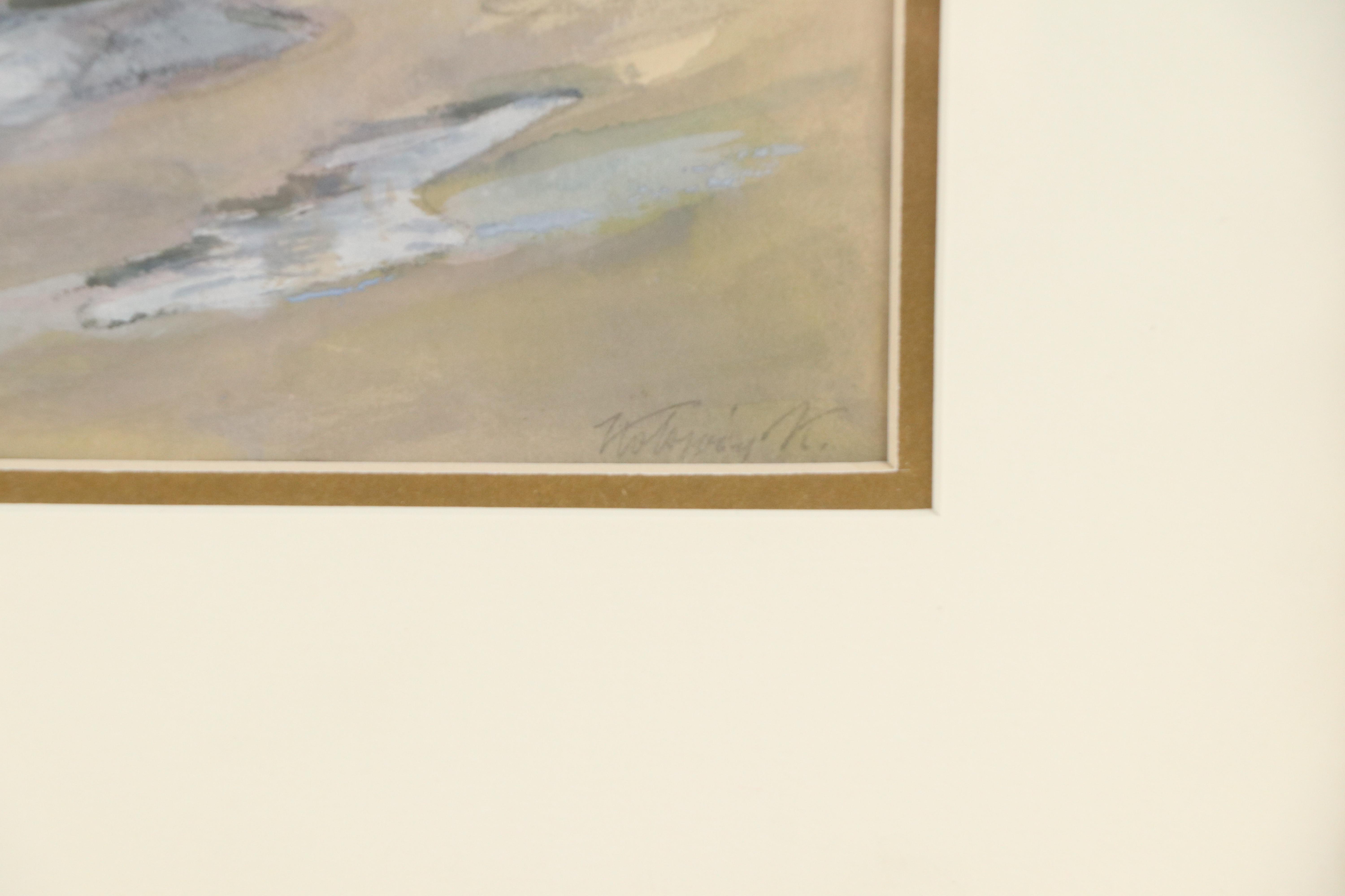 Holoway K. Watercolor Painting of Family in Horse-Drawn Covered Wagon