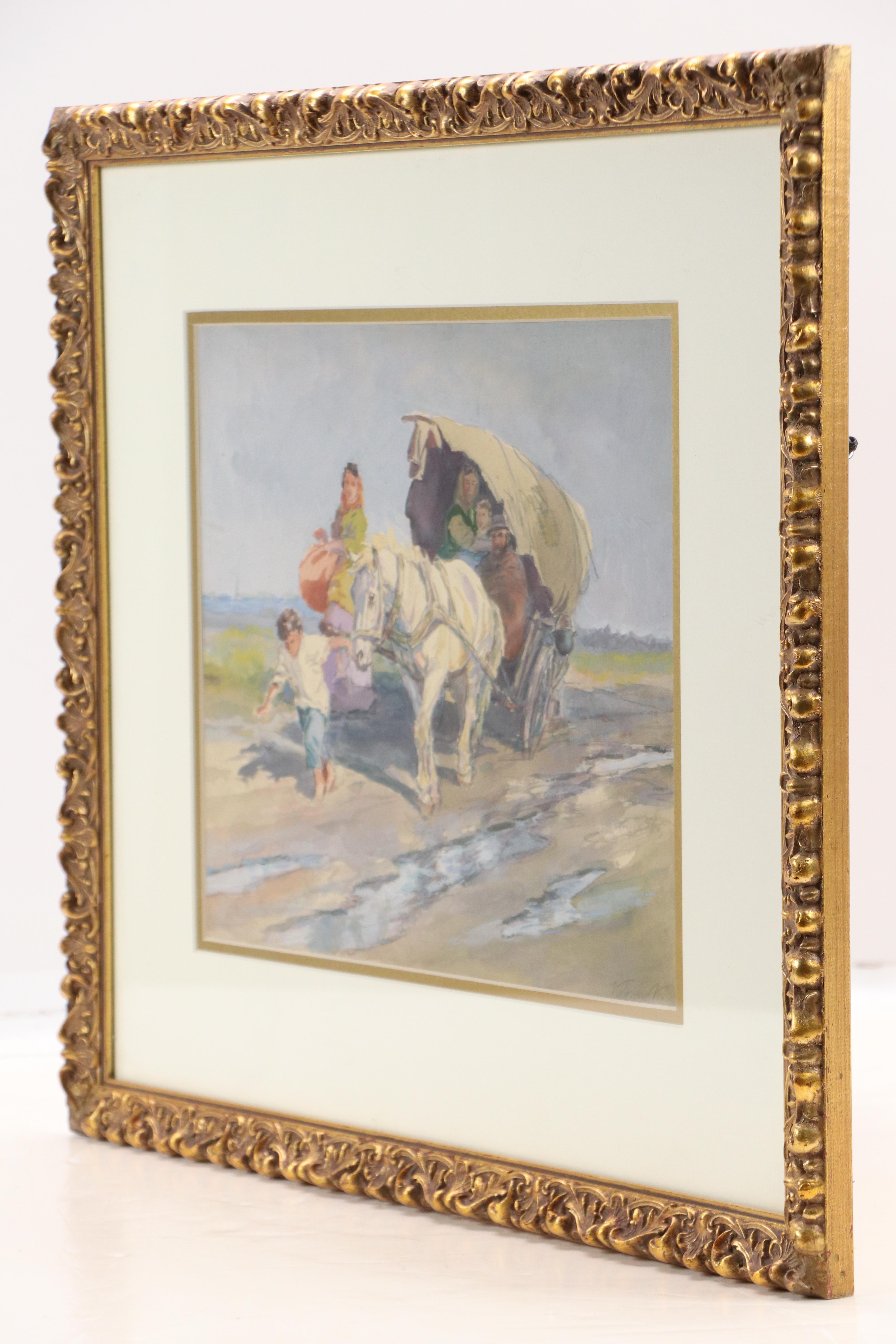 Holoway K. Watercolor Painting of Family in Horse-Drawn Covered Wagon