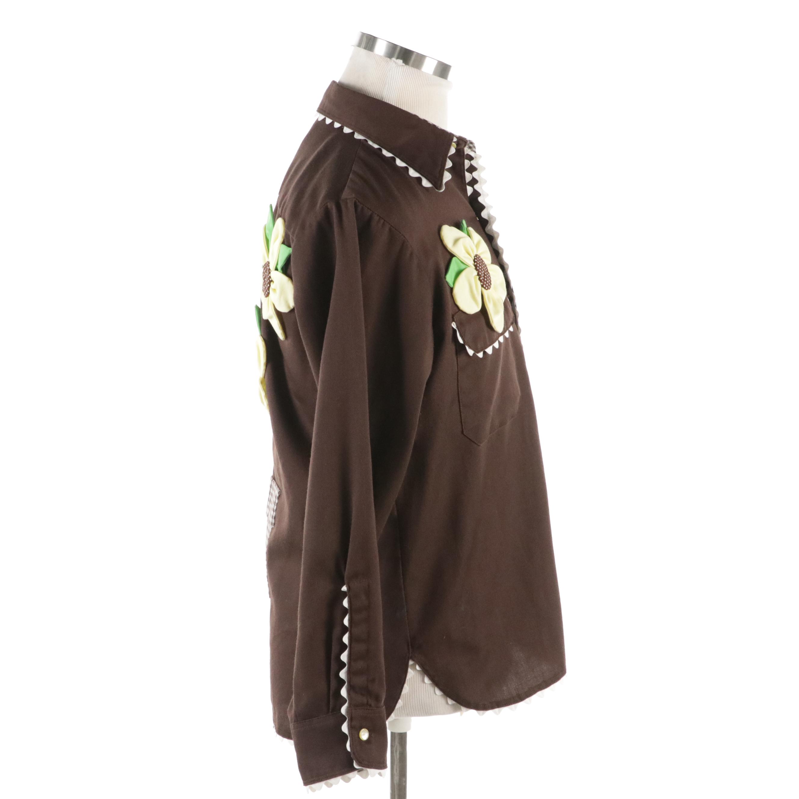 Men's Vintage Brown Cotton Western Shirt with Sunflower Appliqués