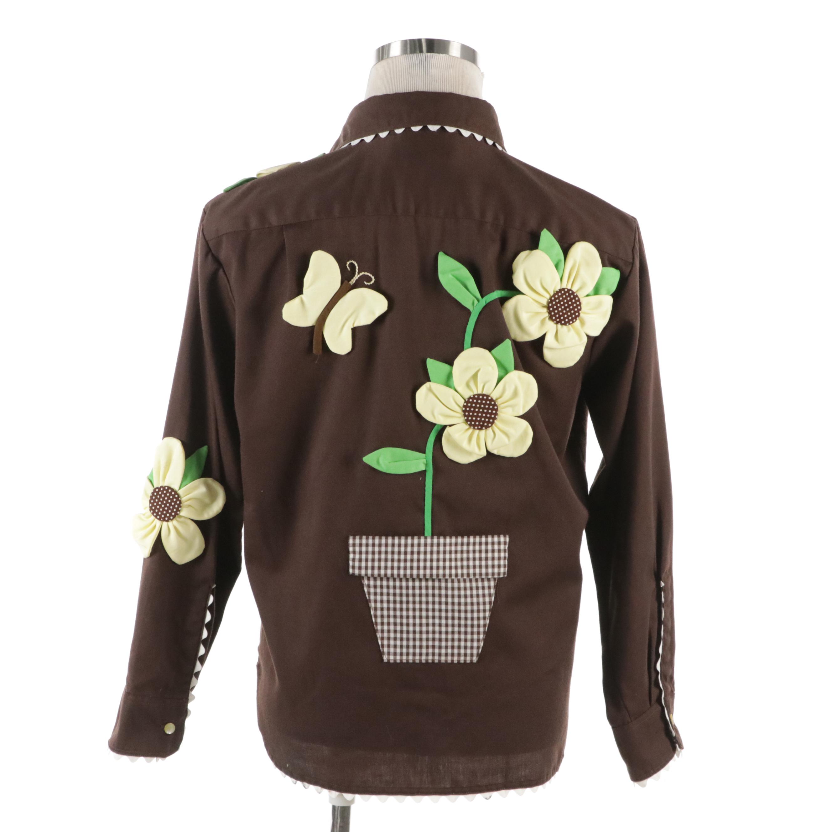 Men's Vintage Brown Cotton Western Shirt with Sunflower Appliqués