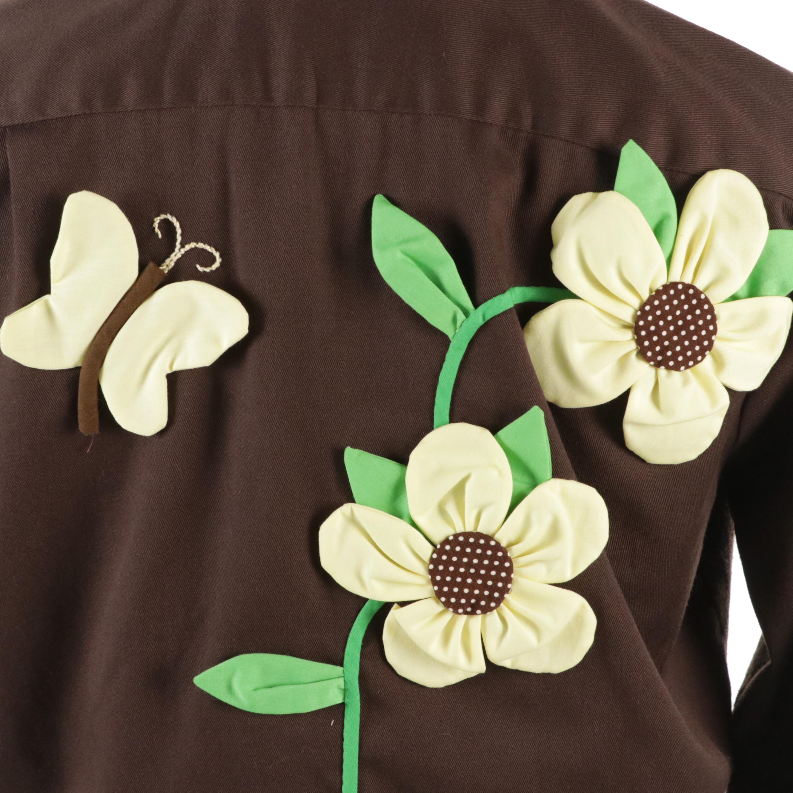 Men's Vintage Brown Cotton Western Shirt with Sunflower Appliqués