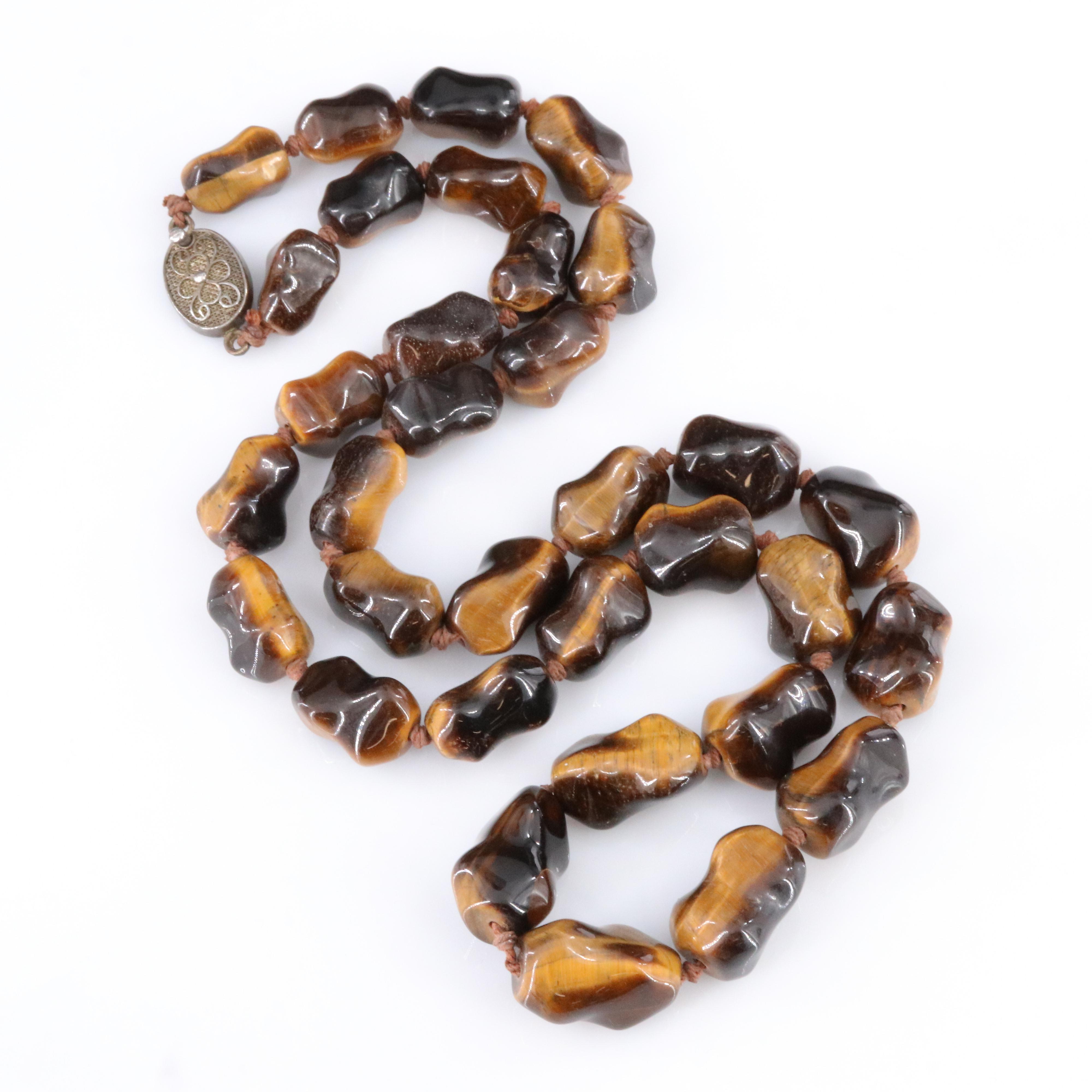 Tiger's Eye Bead Necklace with 980 Silver Clasp