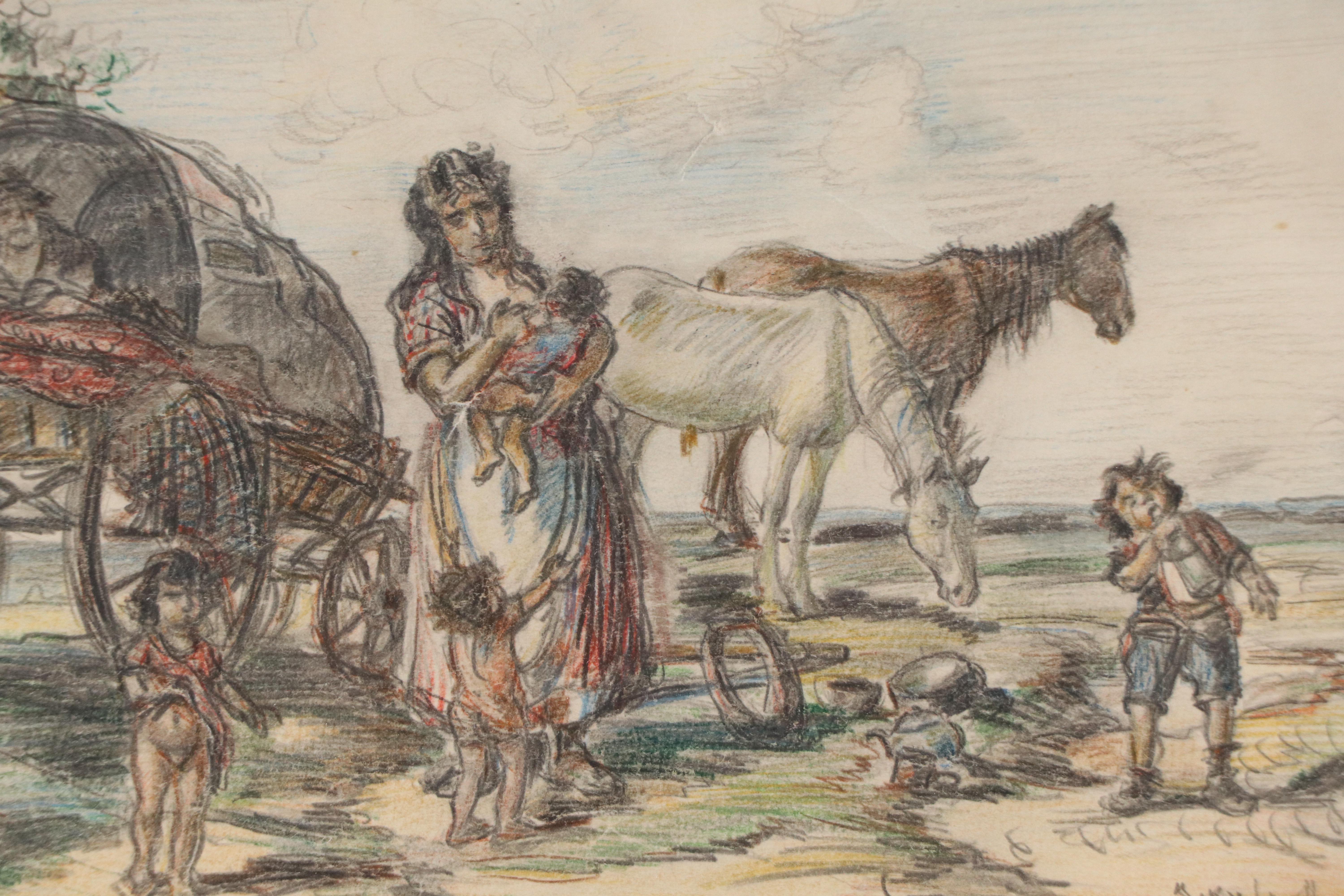 Colored Pencil and Graphite Drawing of Family with Covered Wagon, 1946