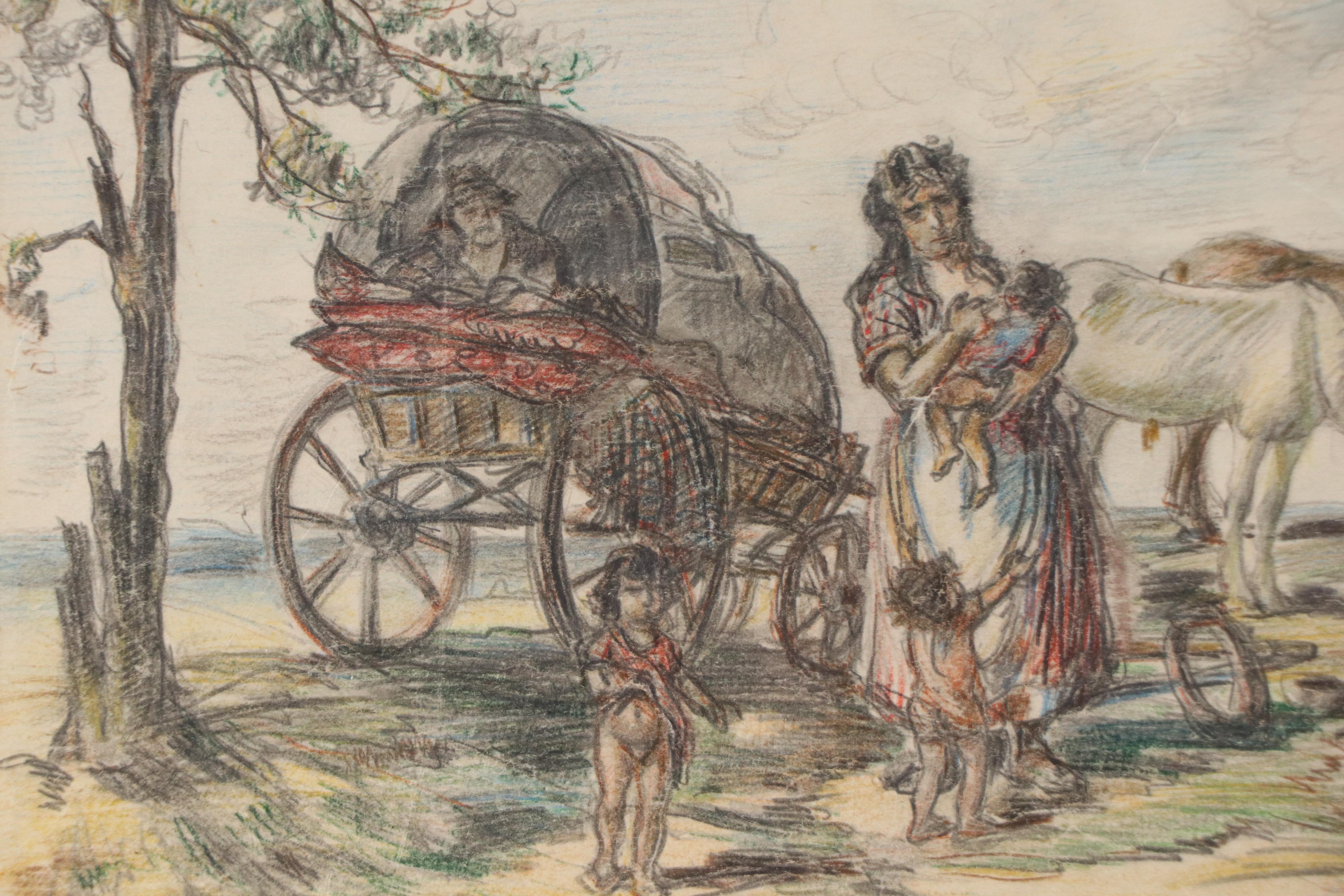 Colored Pencil and Graphite Drawing of Family with Covered Wagon, 1946