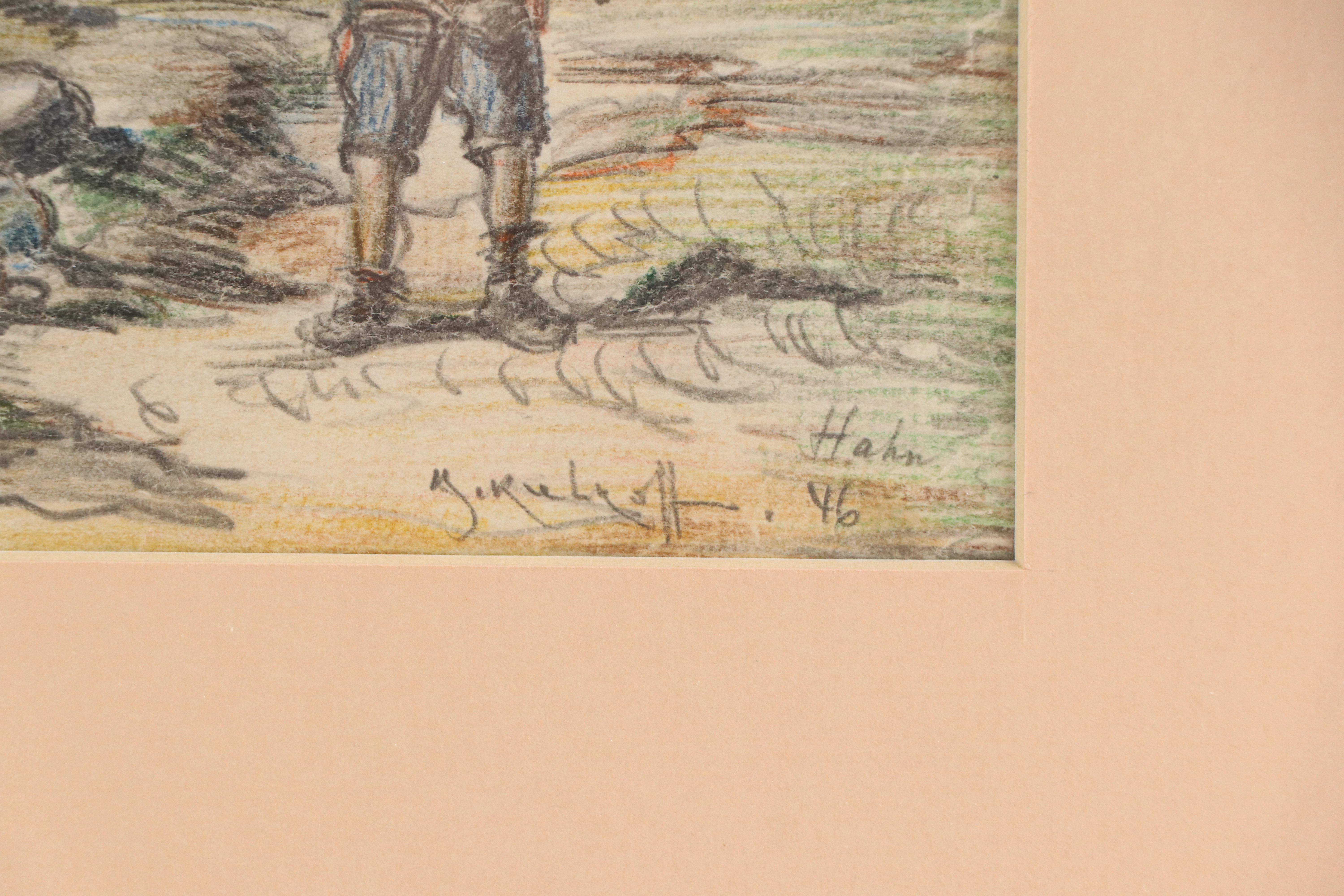 Colored Pencil and Graphite Drawing of Family with Covered Wagon, 1946