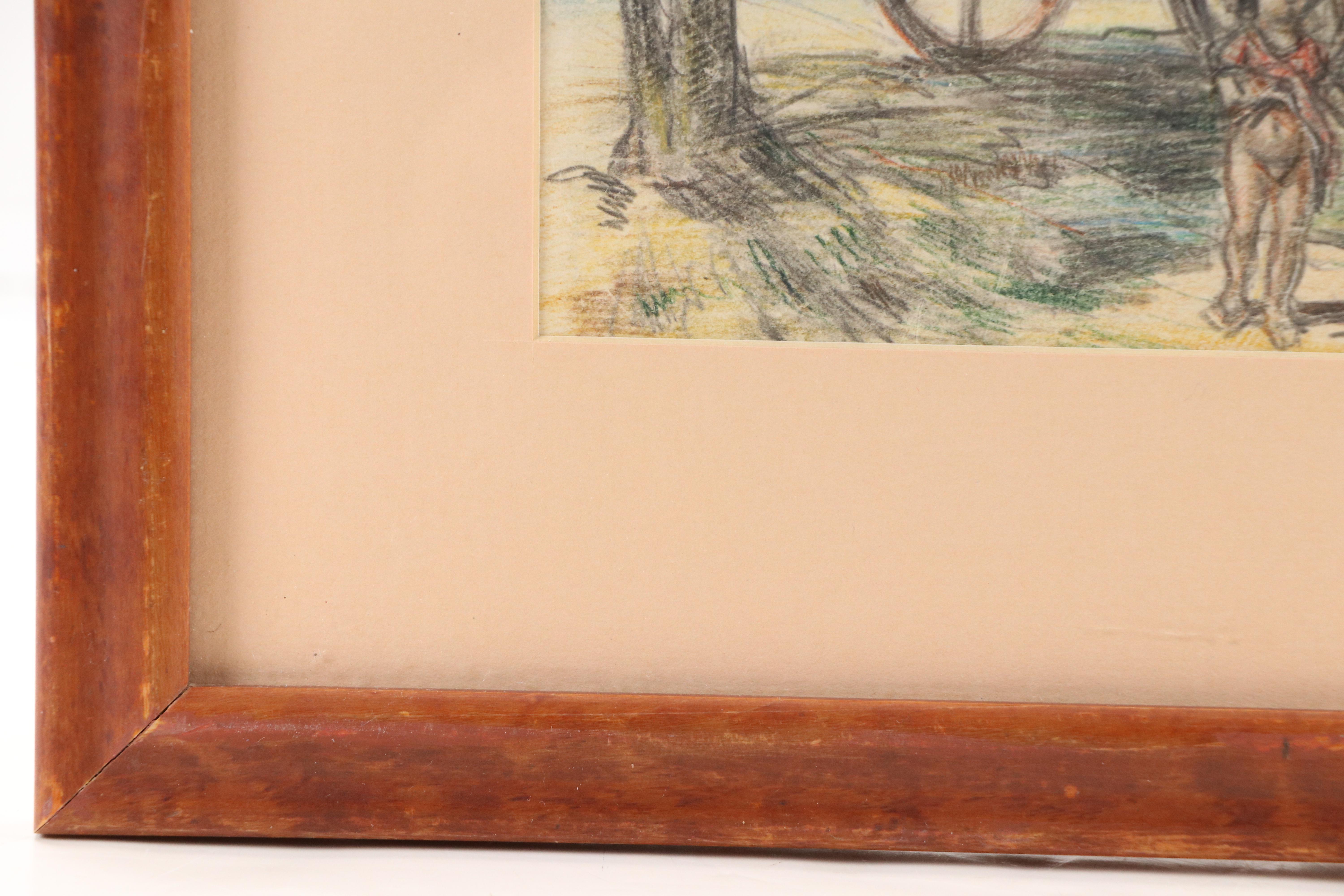 Colored Pencil and Graphite Drawing of Family with Covered Wagon, 1946