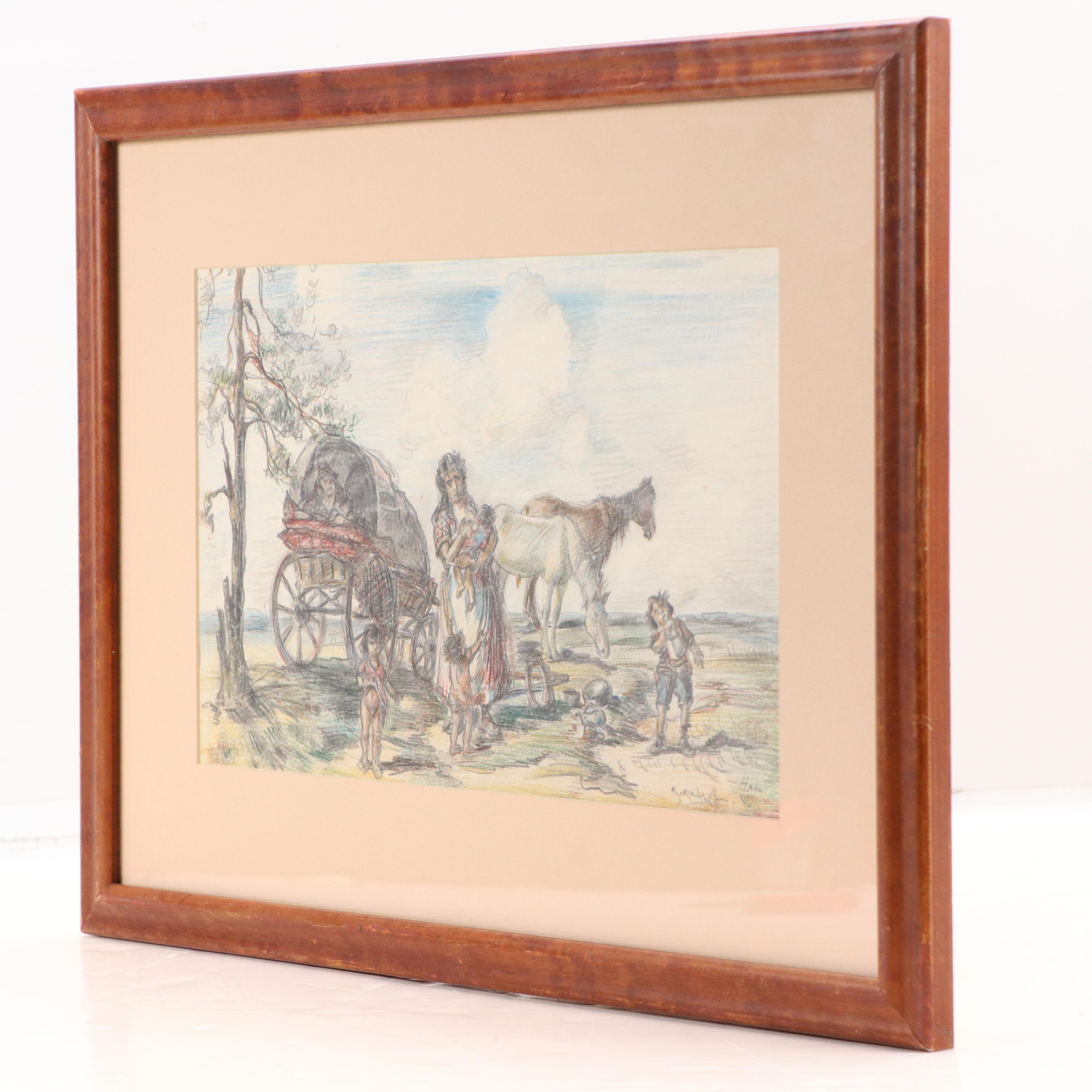 Colored Pencil and Graphite Drawing of Family with Covered Wagon, 1946