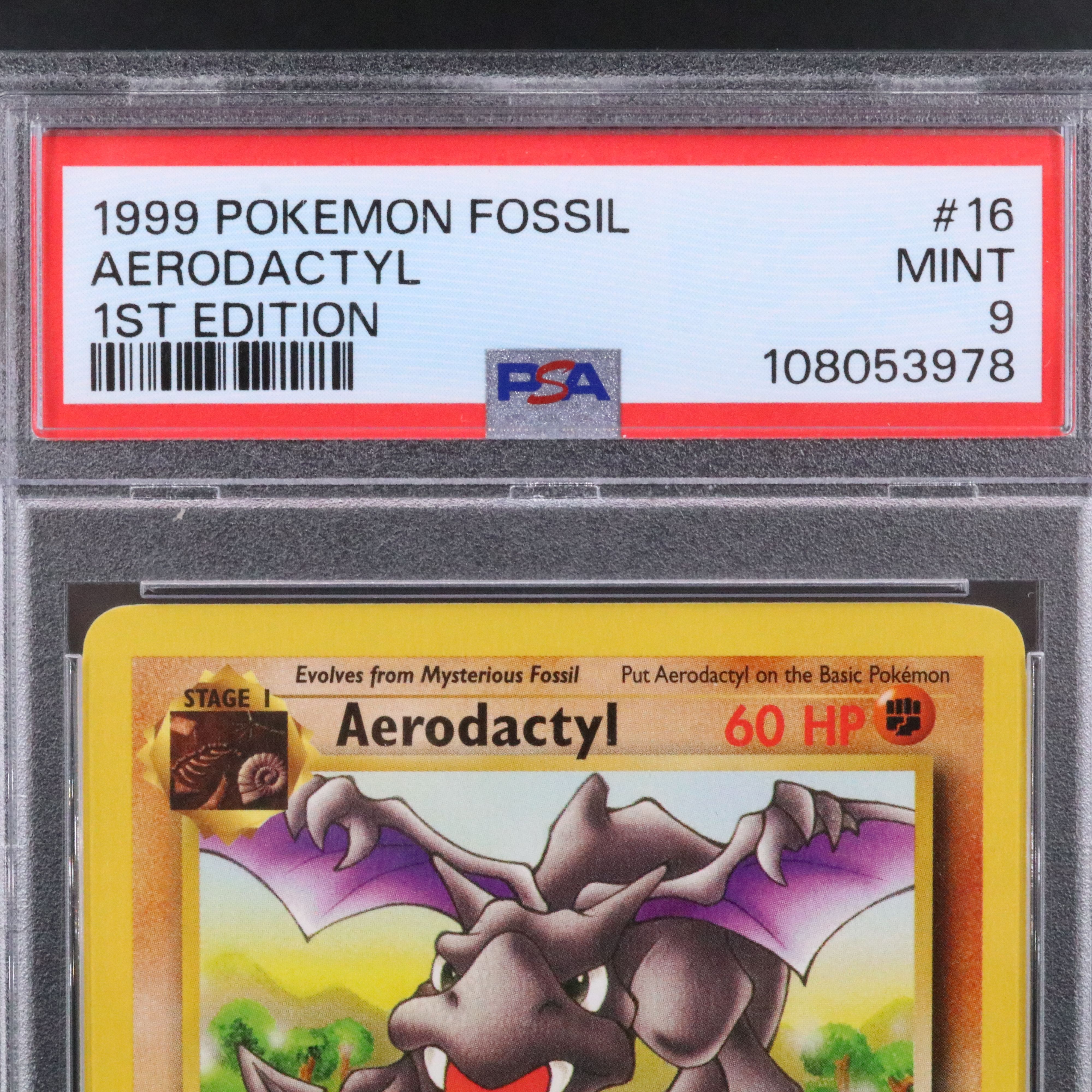 Fossil Aerodactyl 1st Edition Pokémon Card Graded PSA 9