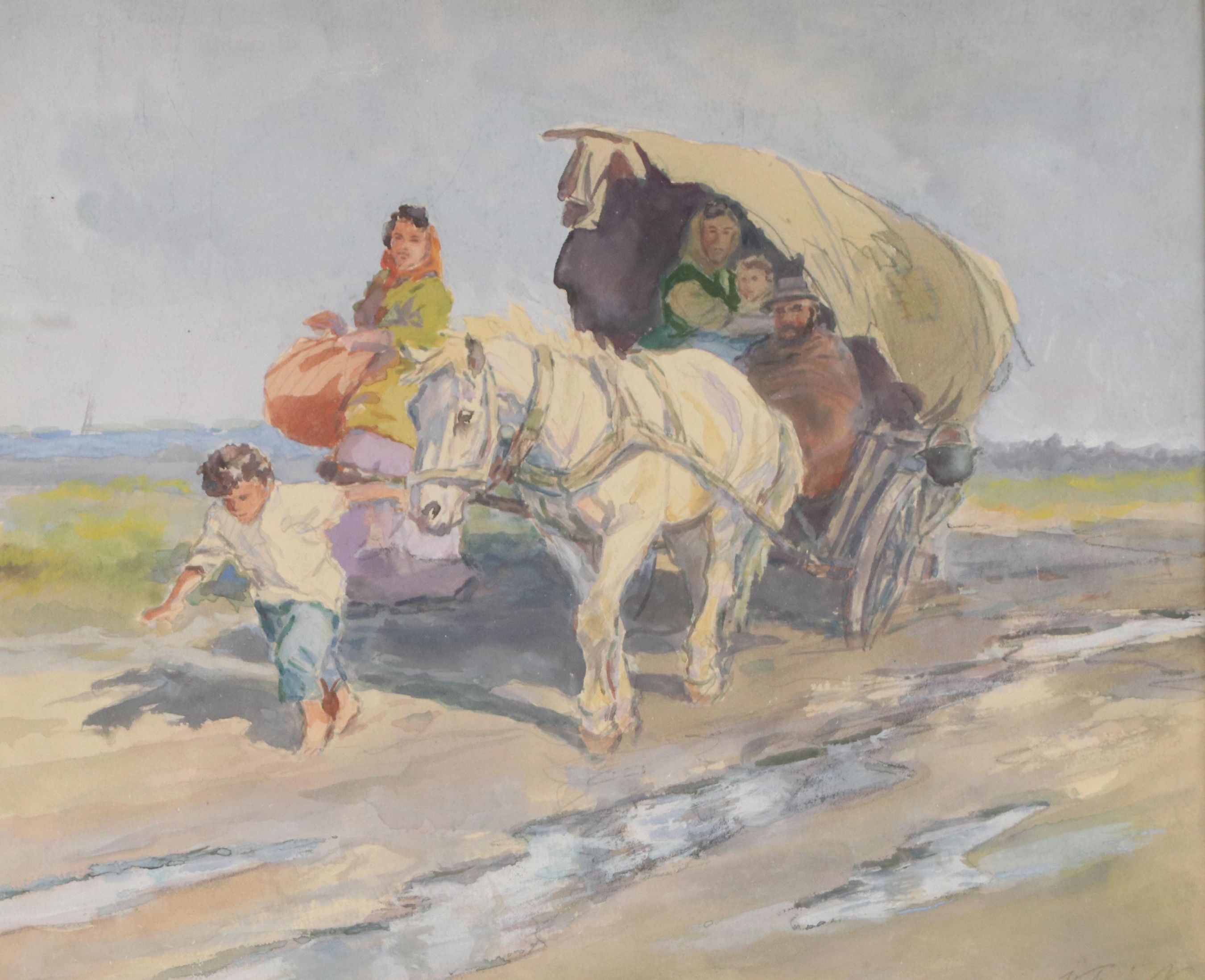 Holoway K. Watercolor Painting of Family in Horse-Drawn Covered Wagon