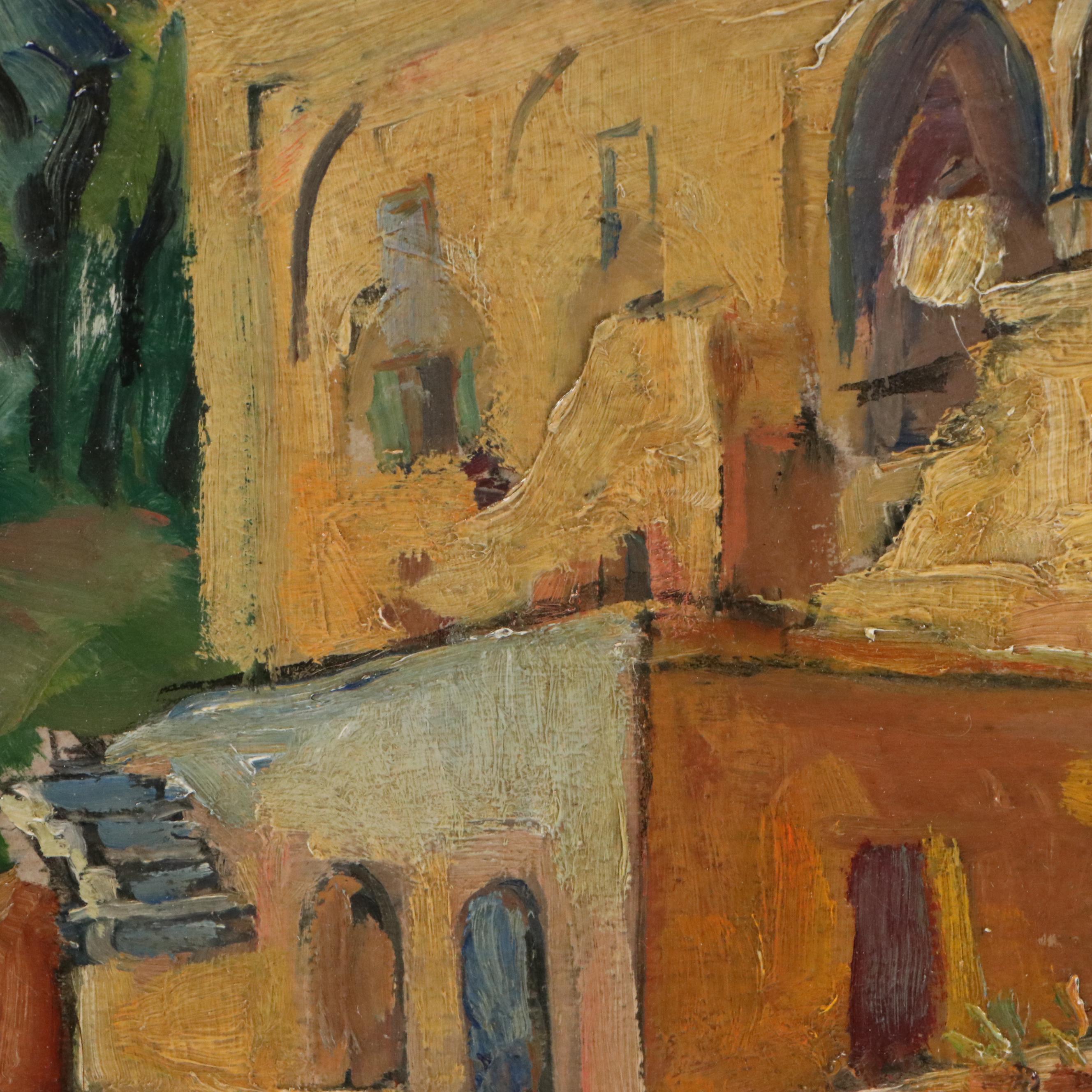 Mary Schneider Oil Painting of Spanish Style Villa, 1949