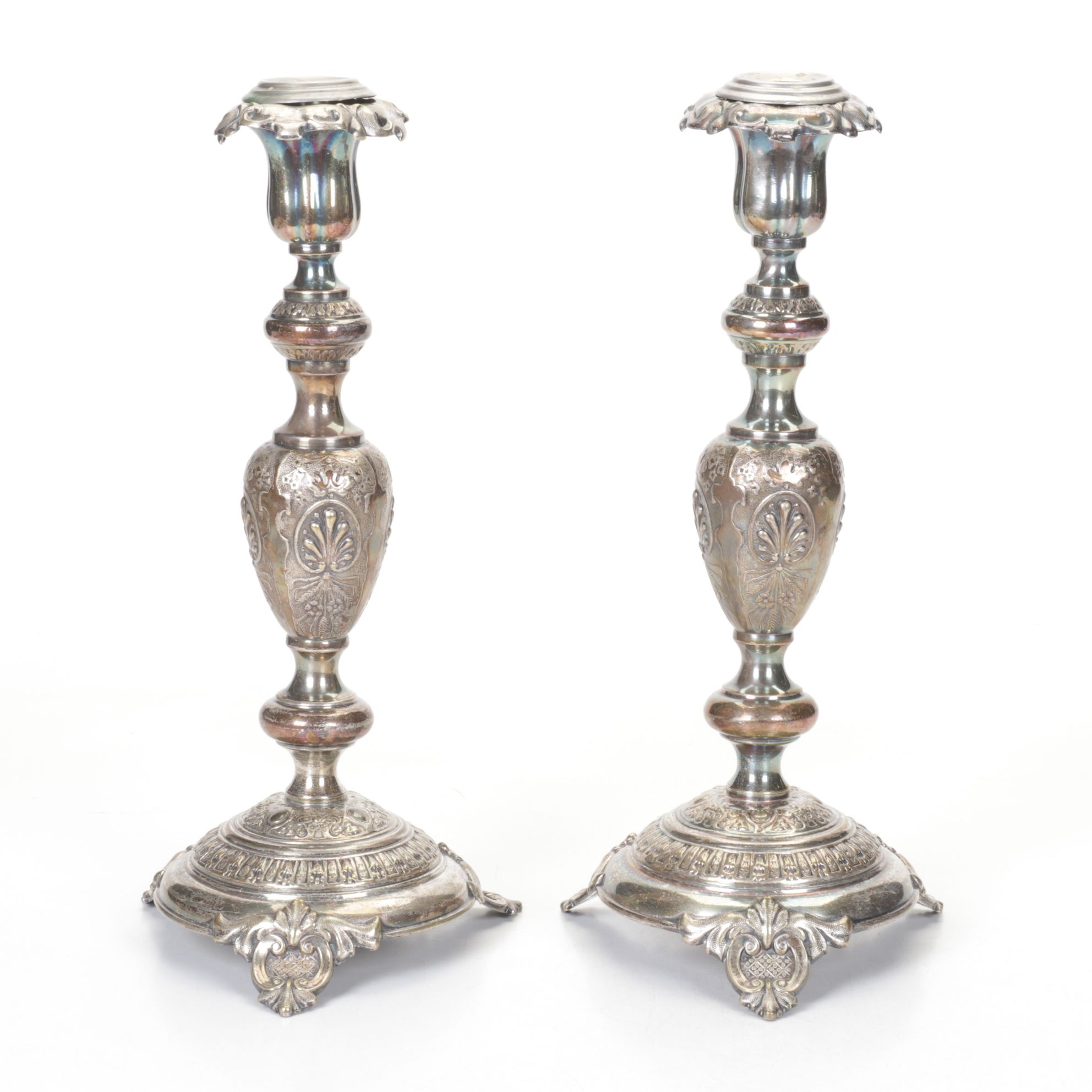 Joseph Fraget Russian Silver Plate Candlesticks, Late 19th to Early 20th Century