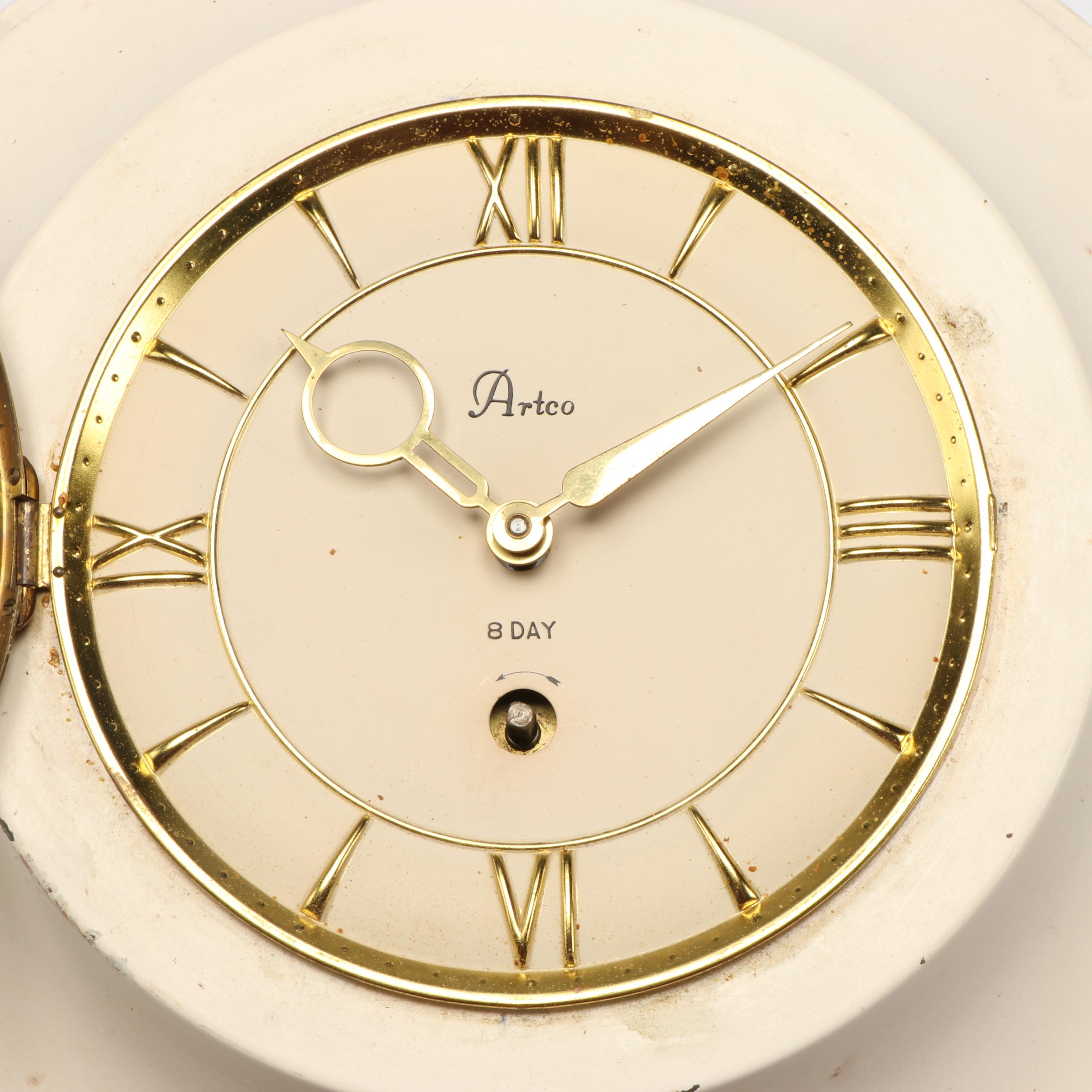 Vintage Artco Enamel and Brass Finish 8 Day Wall Clock