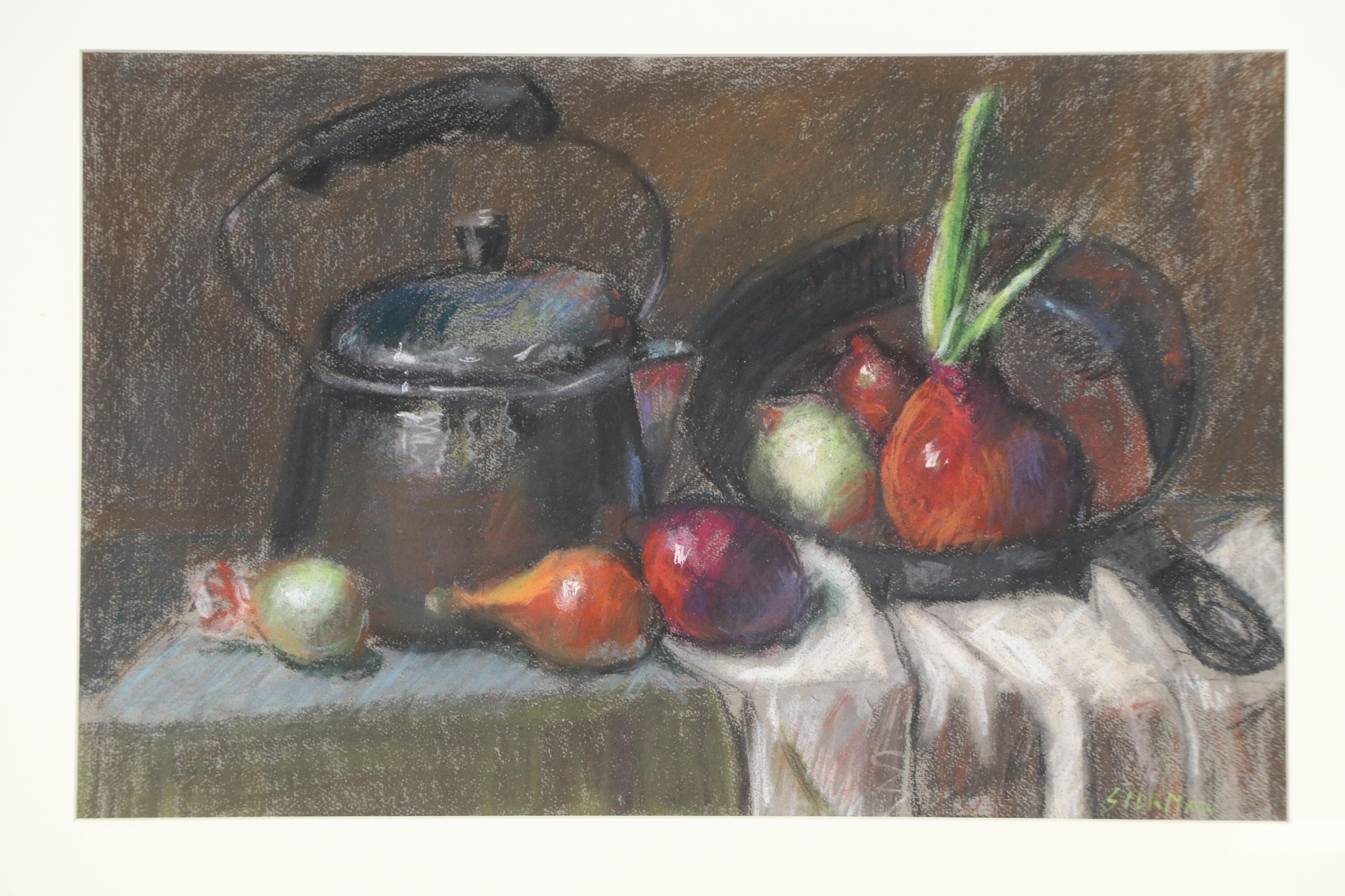 Still Life Pastel Drawing of Kettle with Shallots and Onions