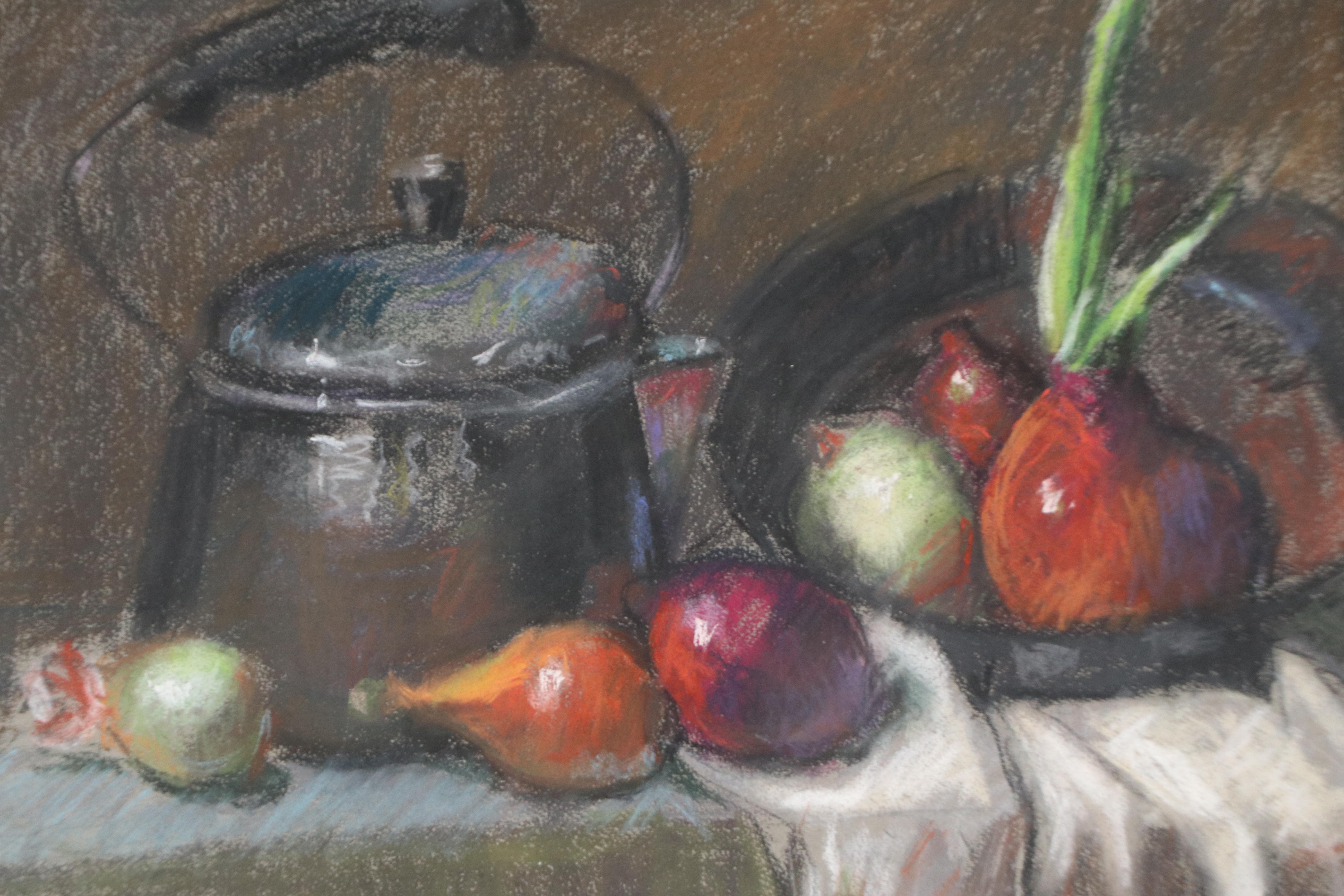 Still Life Pastel Drawing of Kettle with Shallots and Onions
