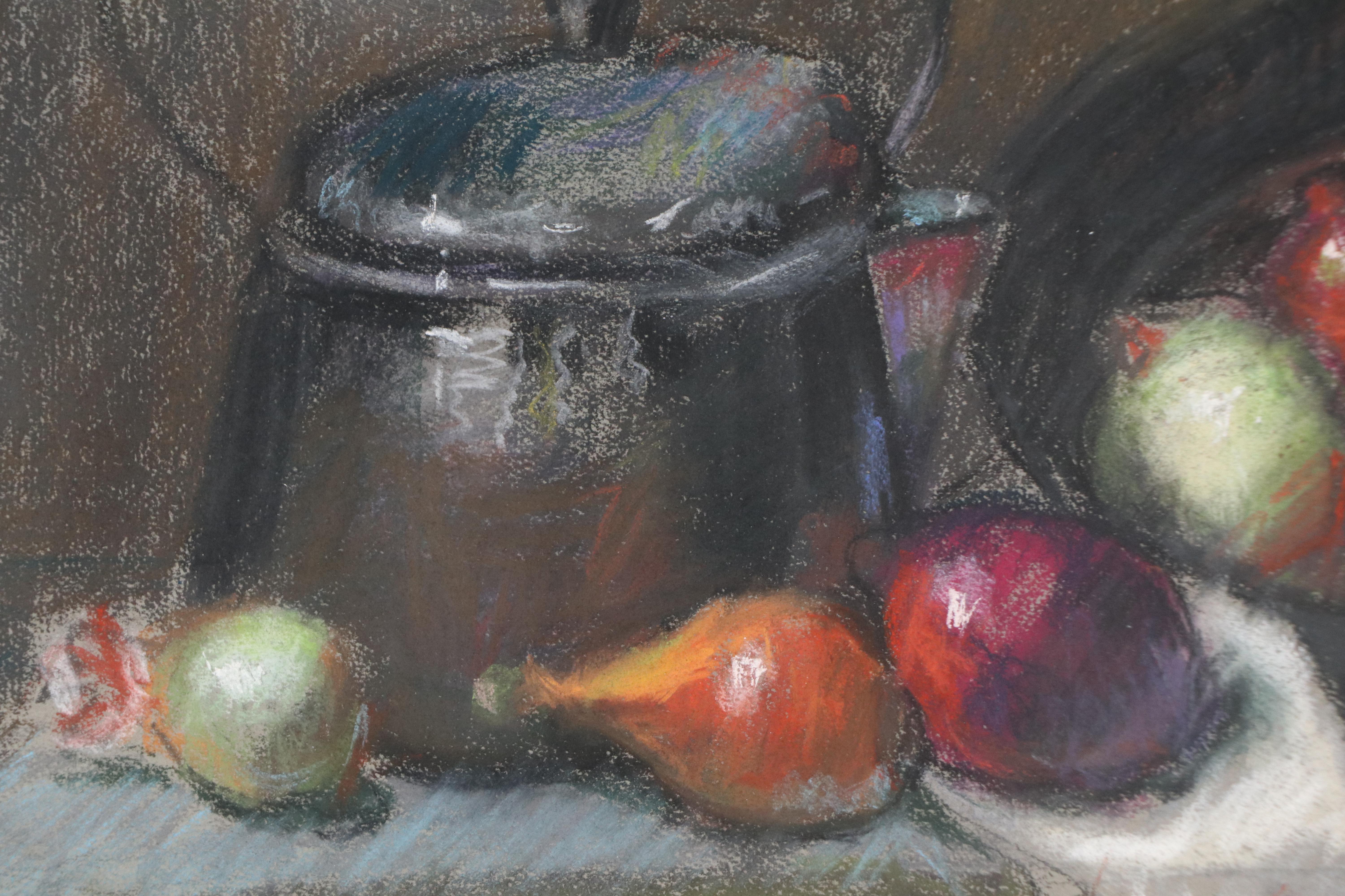 Still Life Pastel Drawing of Kettle with Shallots and Onions
