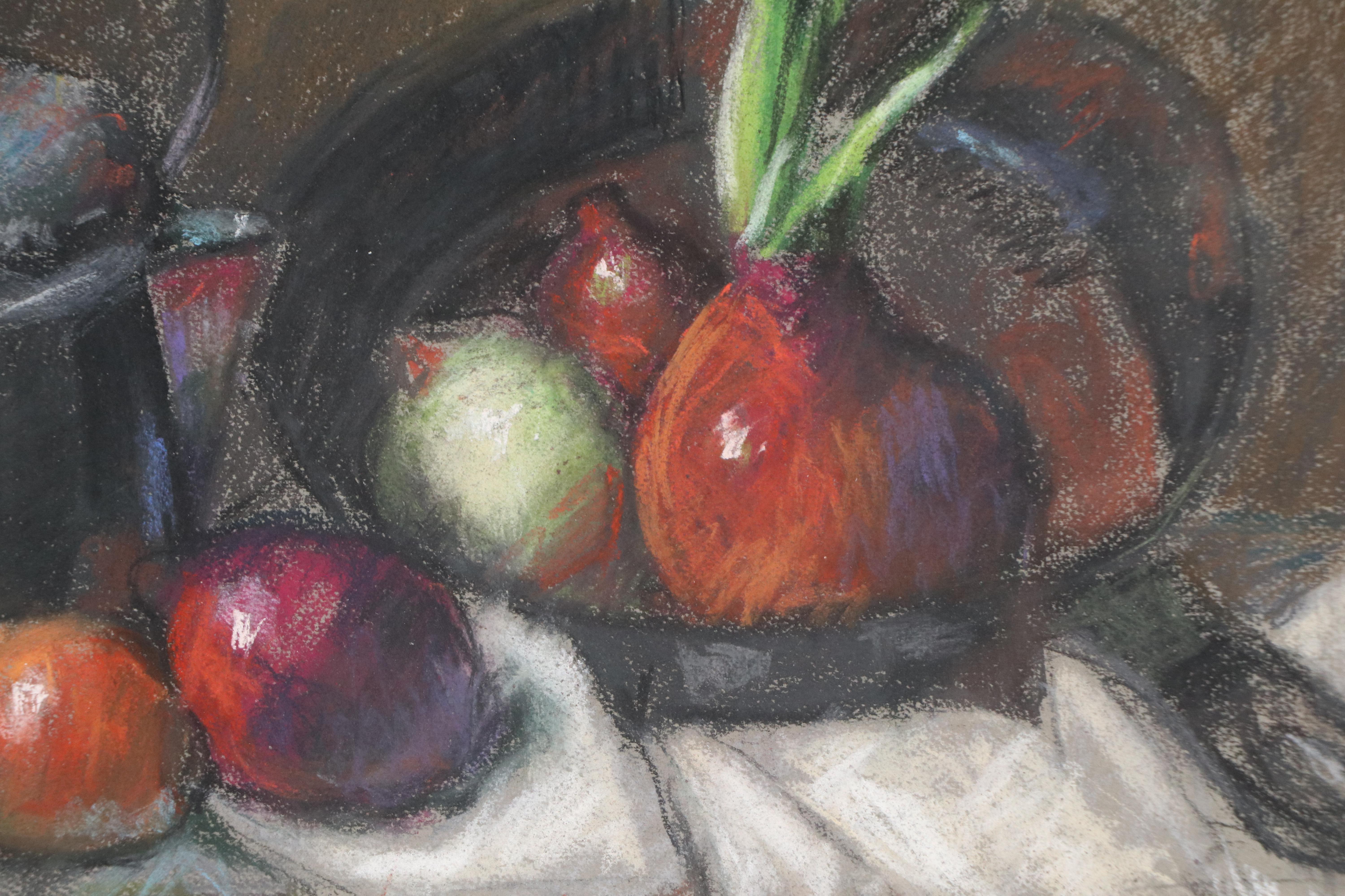Still Life Pastel Drawing of Kettle with Shallots and Onions