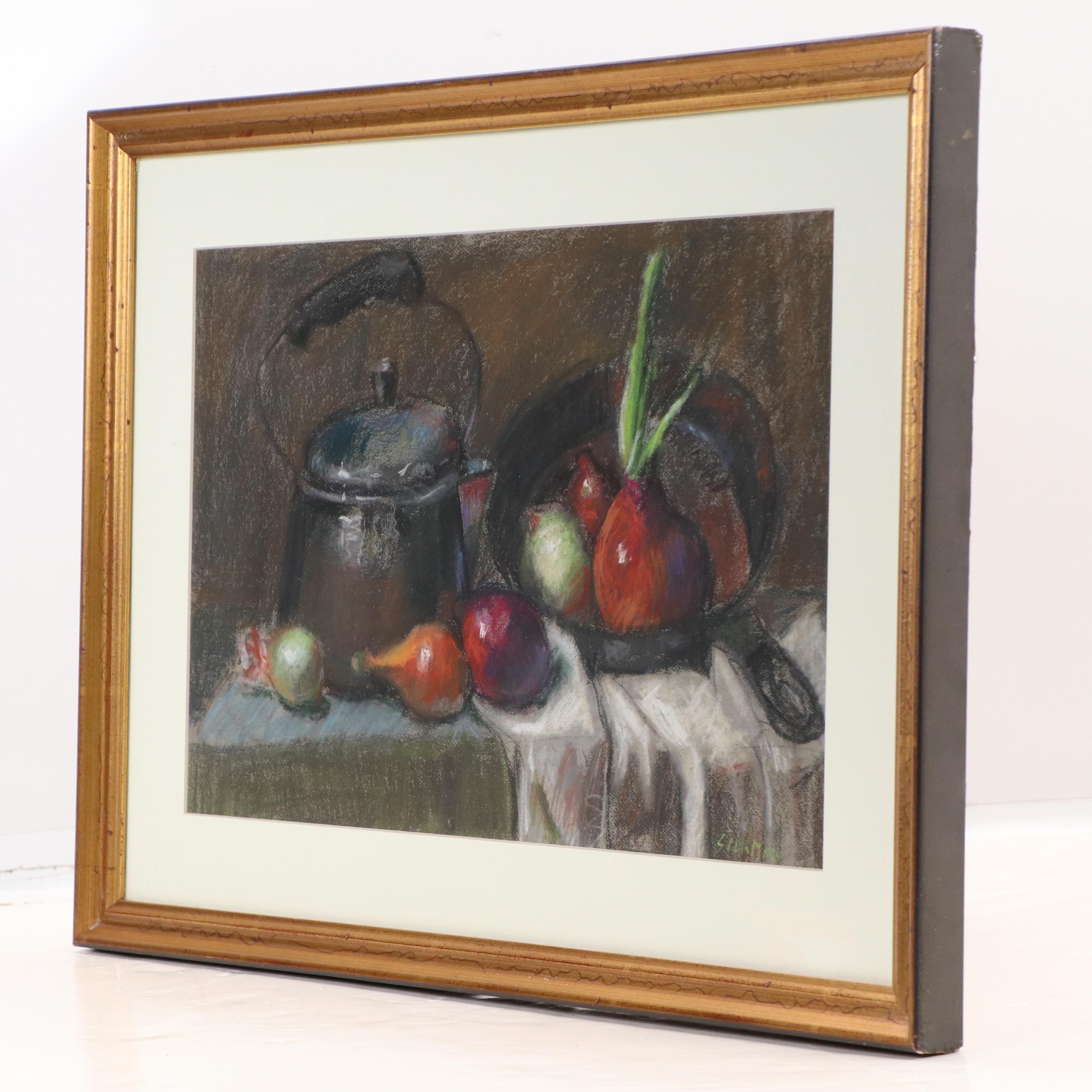 Still Life Pastel Drawing of Kettle with Shallots and Onions