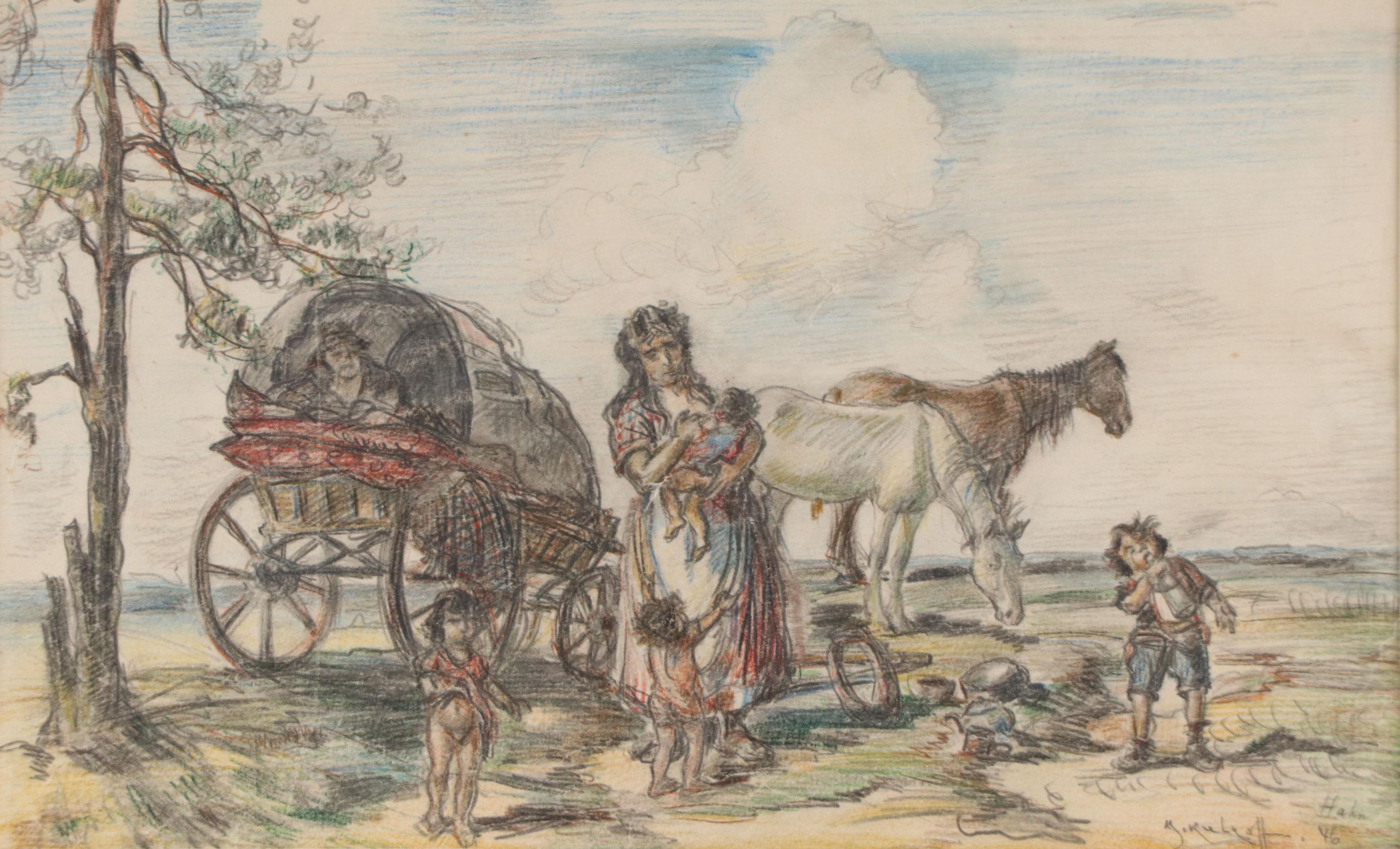 Colored Pencil and Graphite Drawing of Family with Covered Wagon, 1946