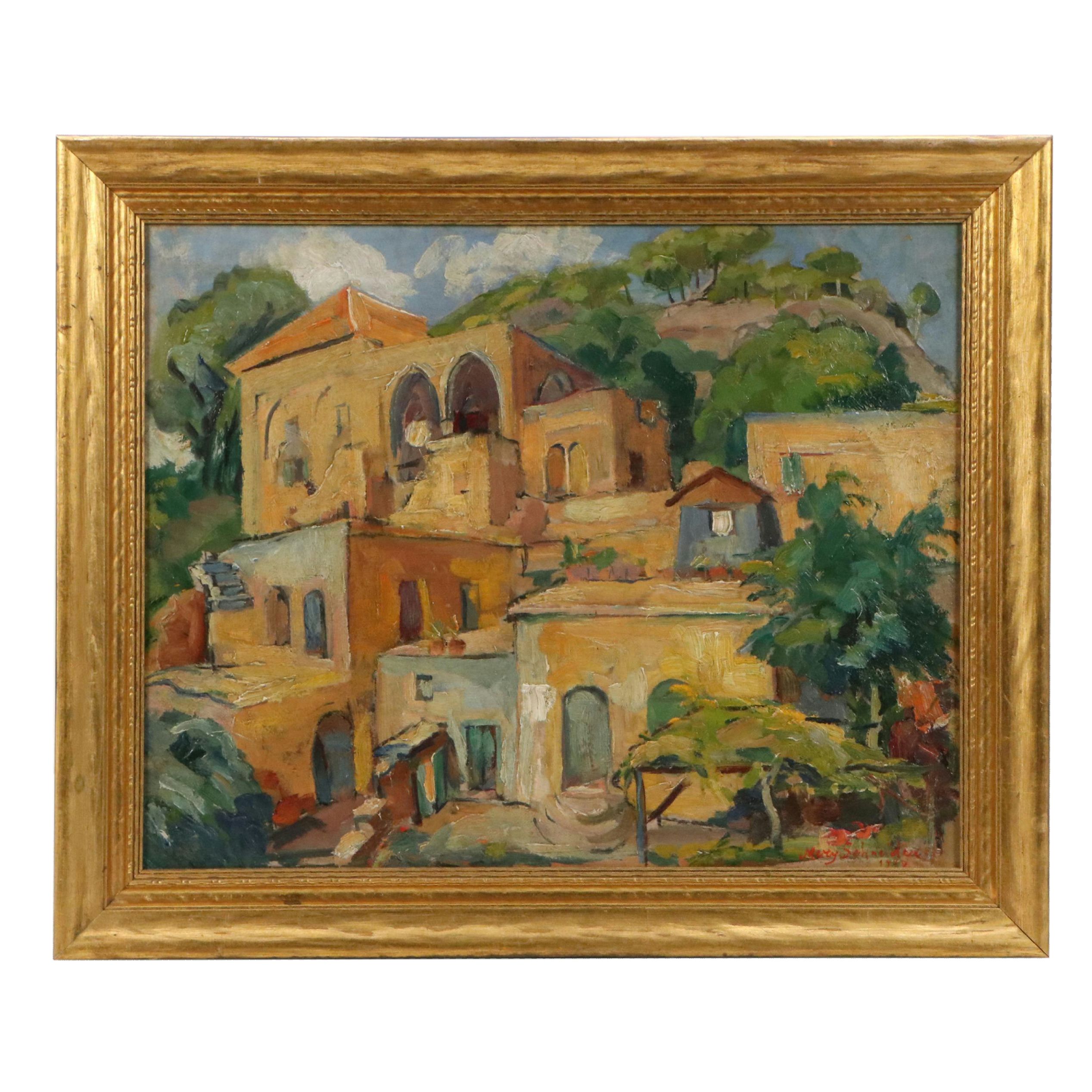 Mary Schneider Oil Painting of Spanish Style Villa, 1949