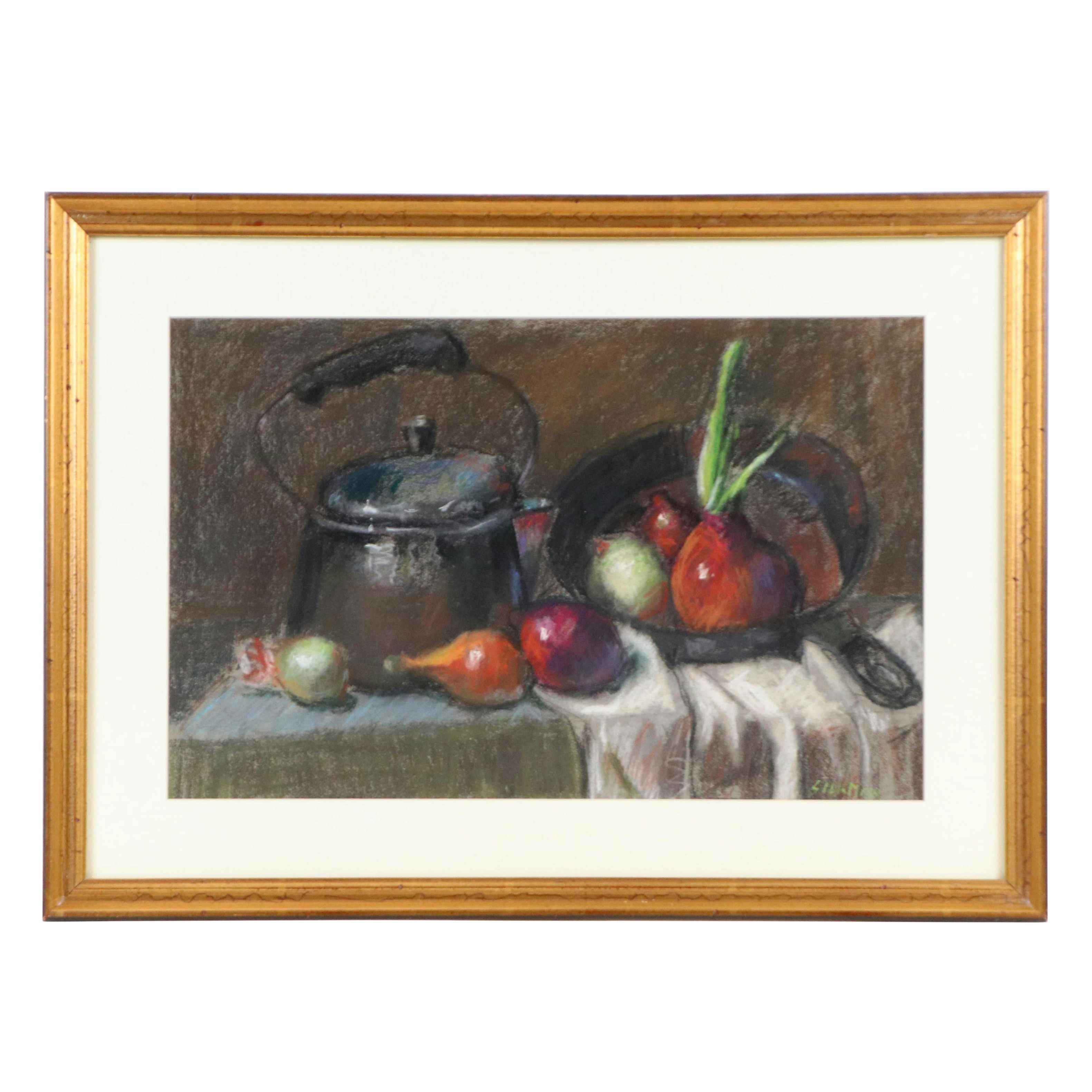 Still Life Pastel Drawing of Kettle with Shallots and Onions