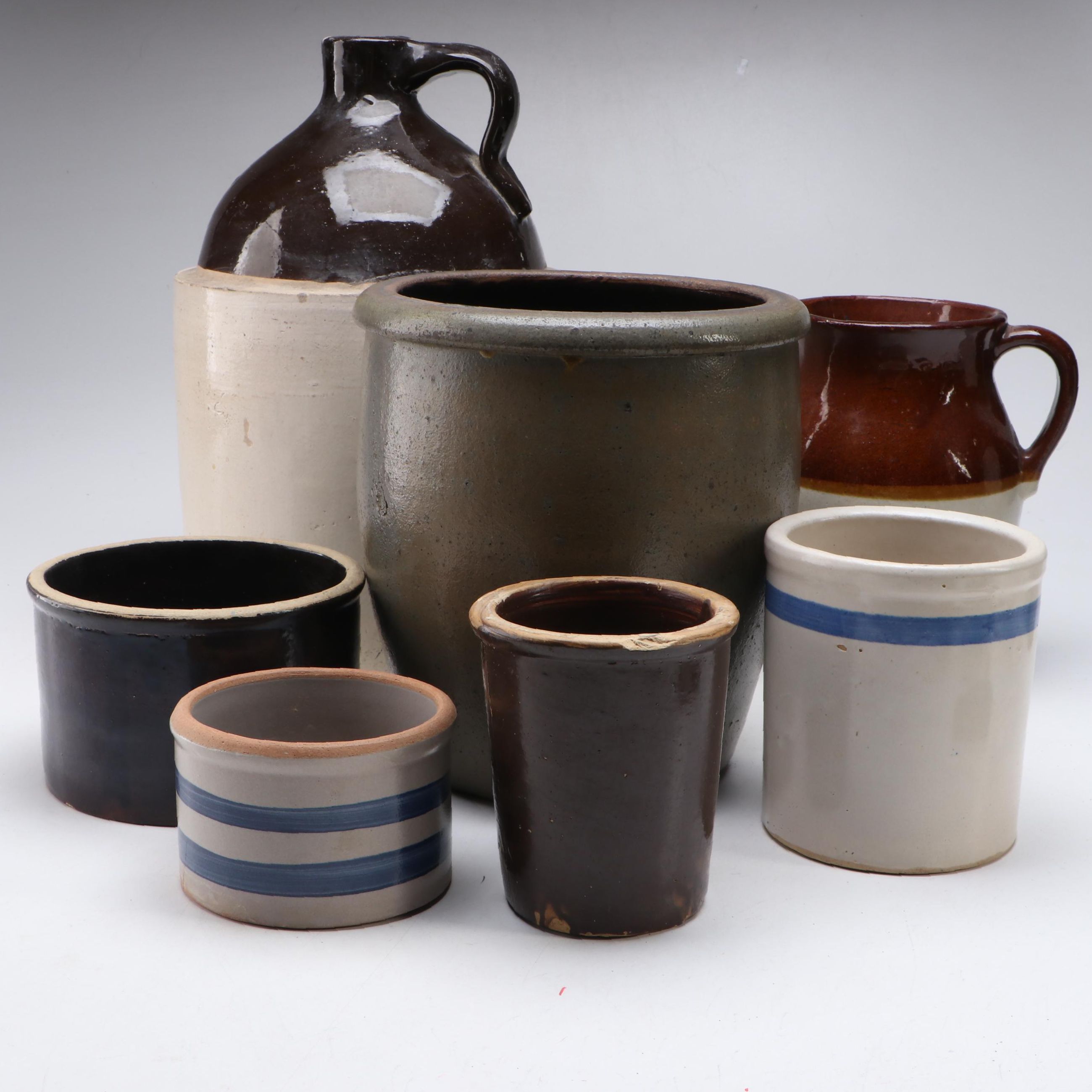 Pennsylvania Salt Glazed Crock with Cobalt Stencil Decoration and Other Crocks