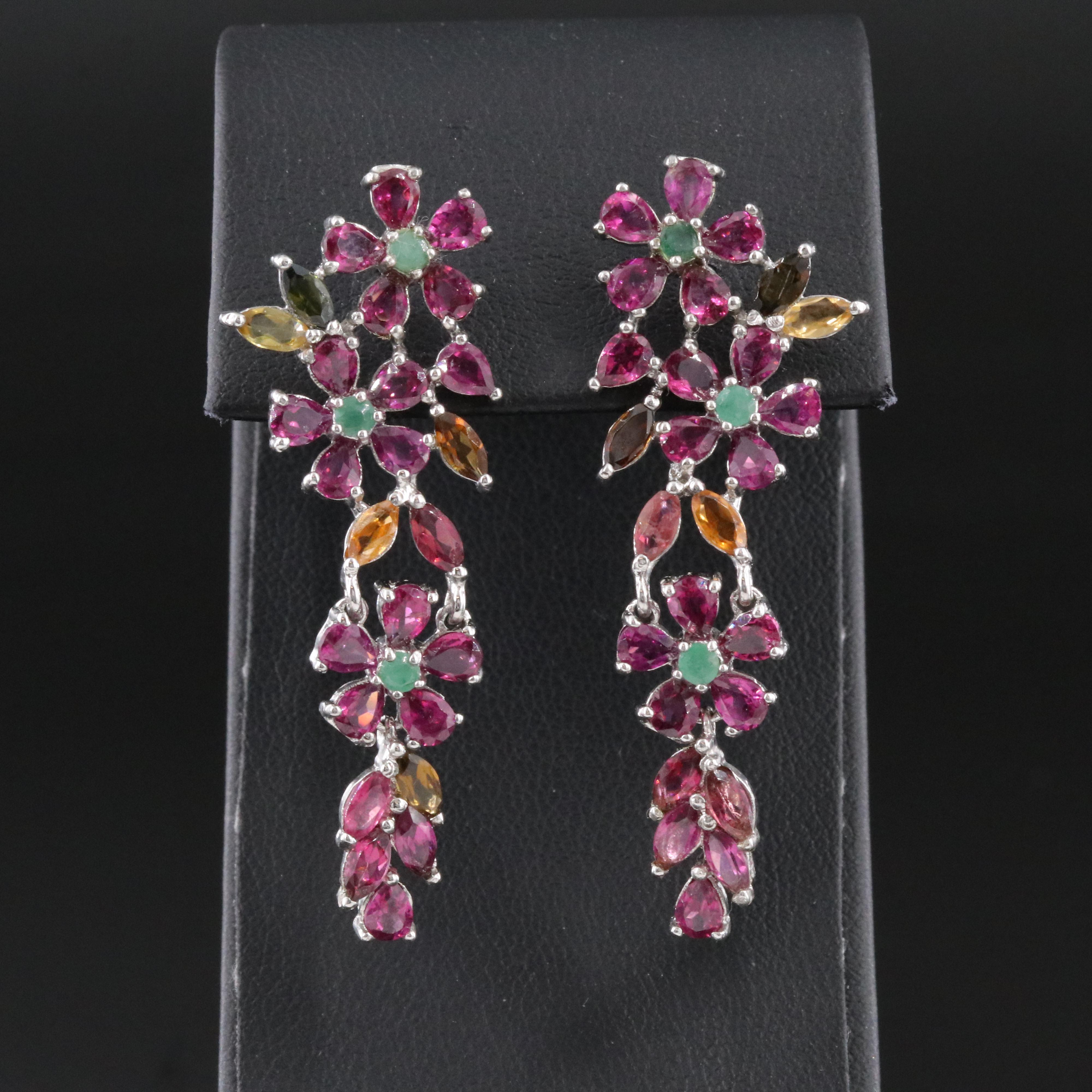 Sterling Floral Earrings Including Garnet, Emerald and Tourmaline