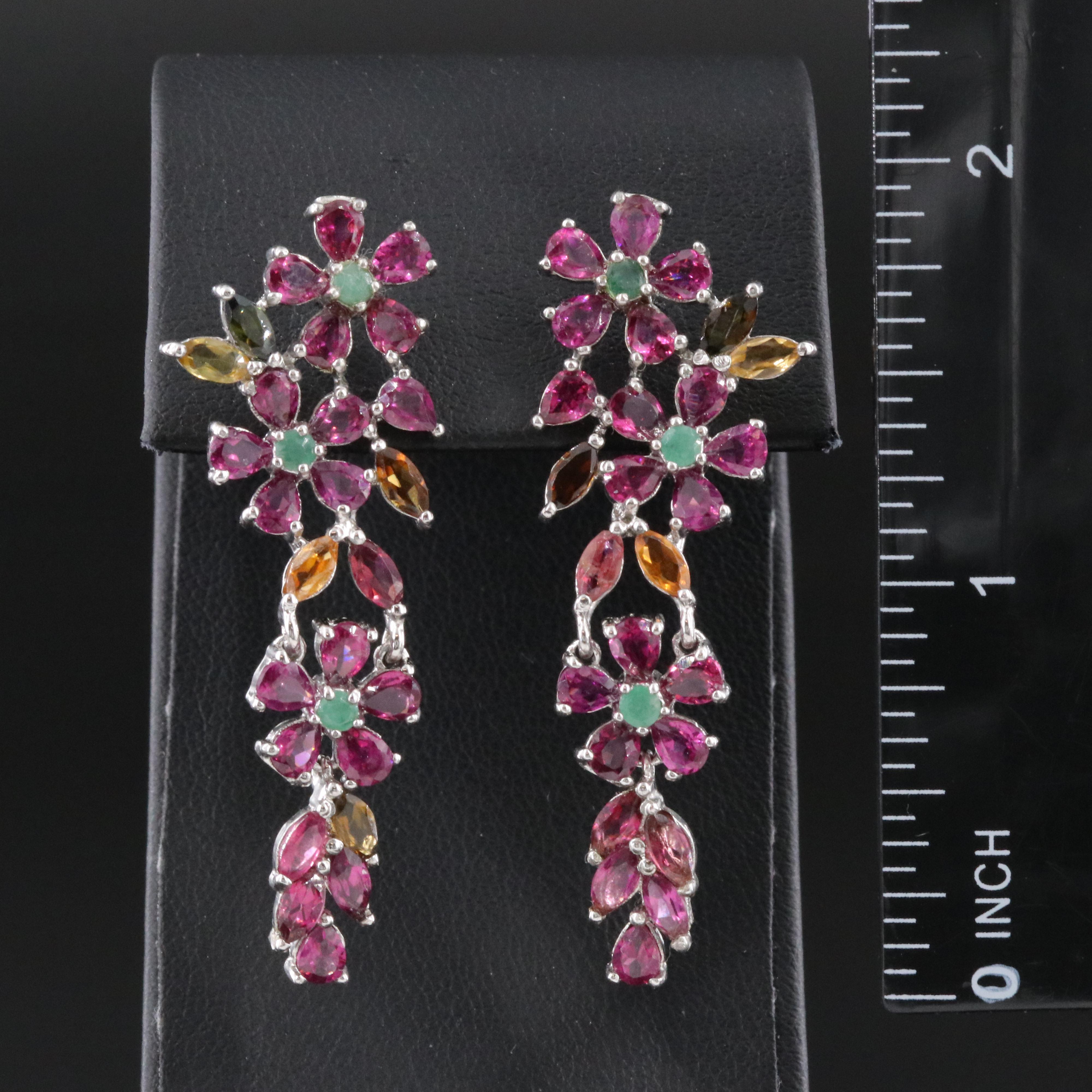 Sterling Floral Earrings Including Garnet, Emerald and Tourmaline