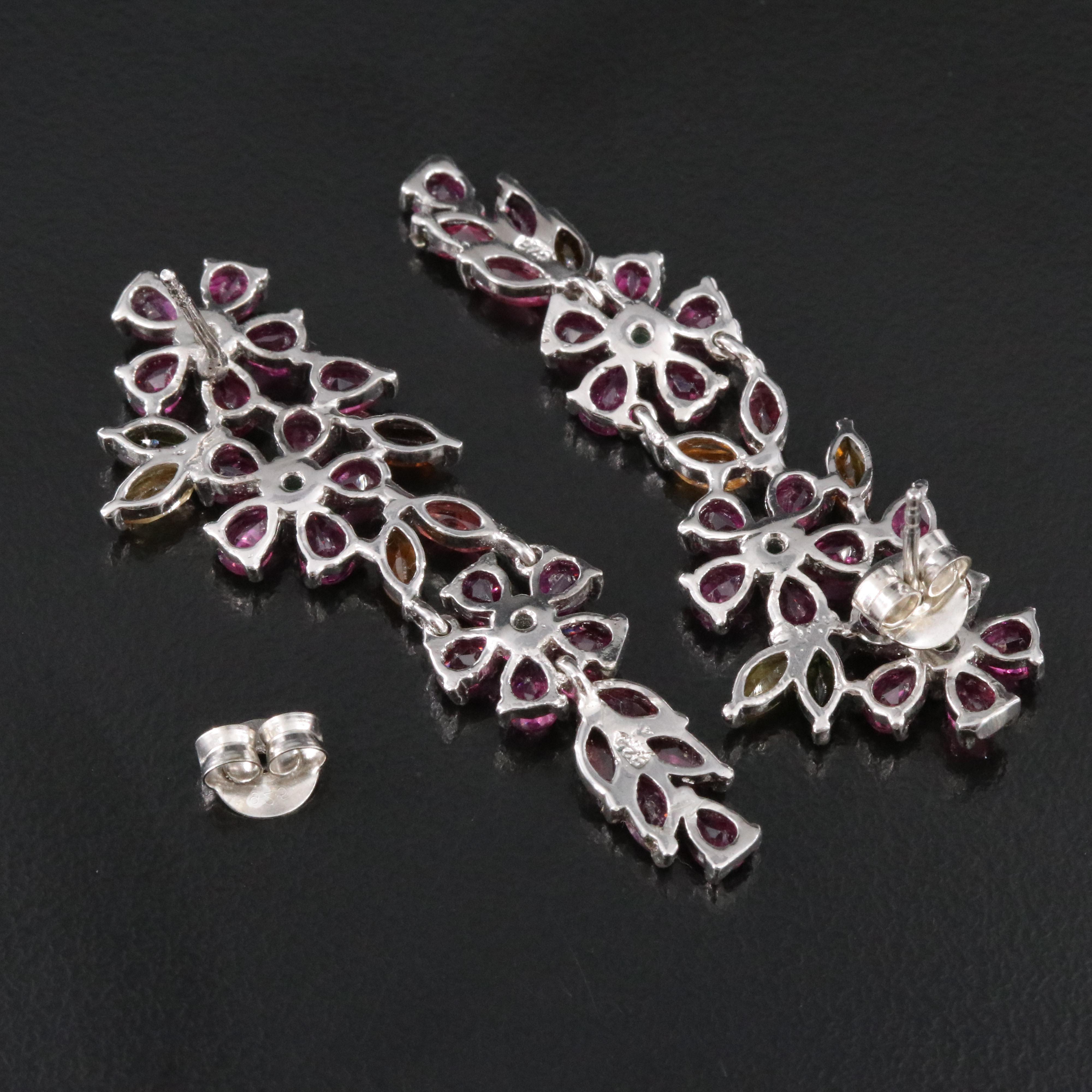 Sterling Floral Earrings Including Garnet, Emerald and Tourmaline
