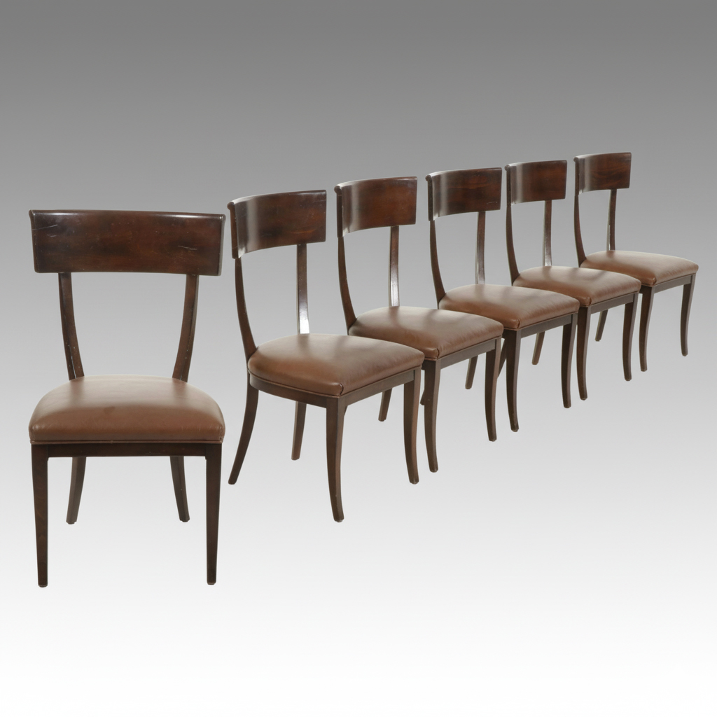 Regency Style Walnut Dining Chairs with Leather Upholstery, Set of Six