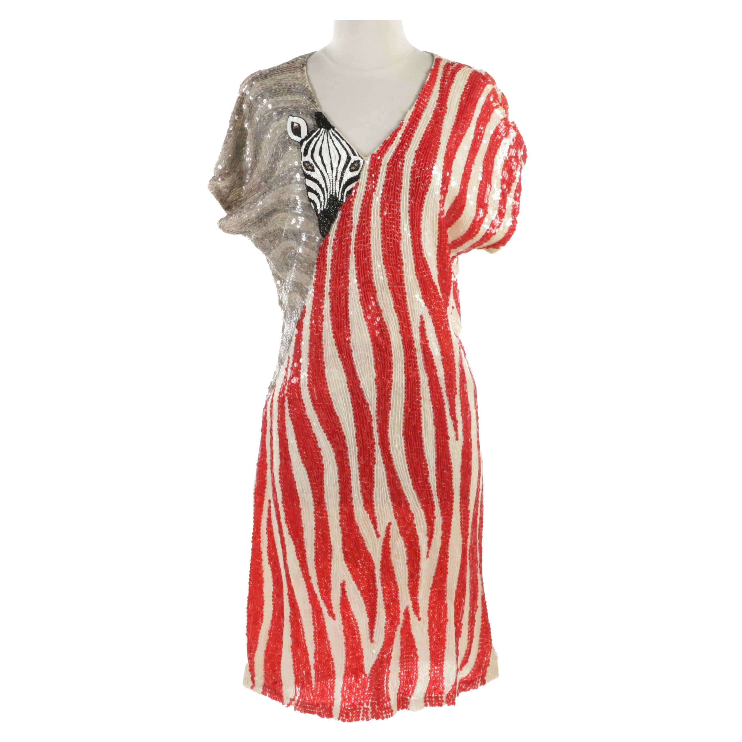 Neiman-Marcus Zebra Stripe Beaded and Sequined Silk Cocktail Dress
