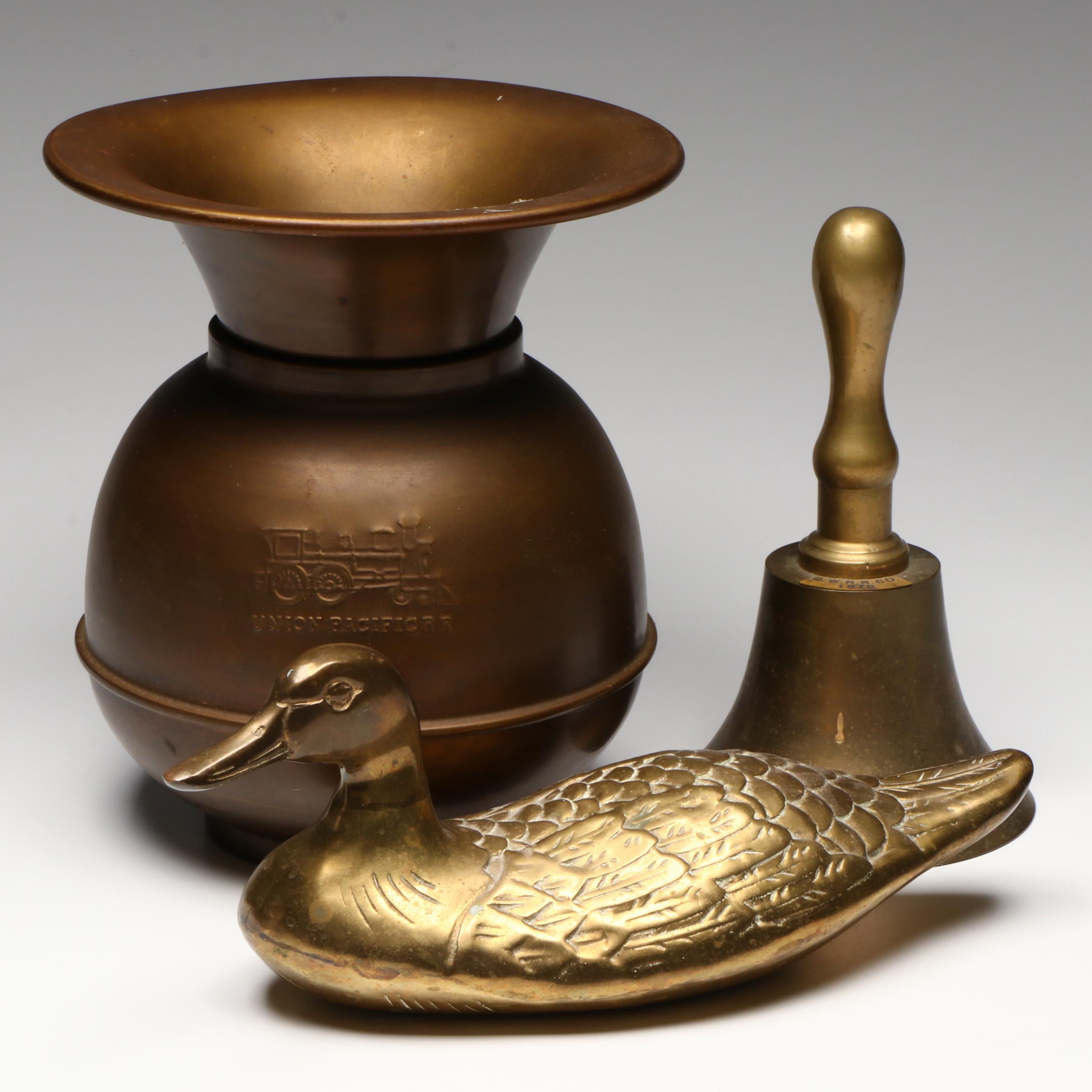 Brass Duck Figurine with Railroad Spitoon and Bell