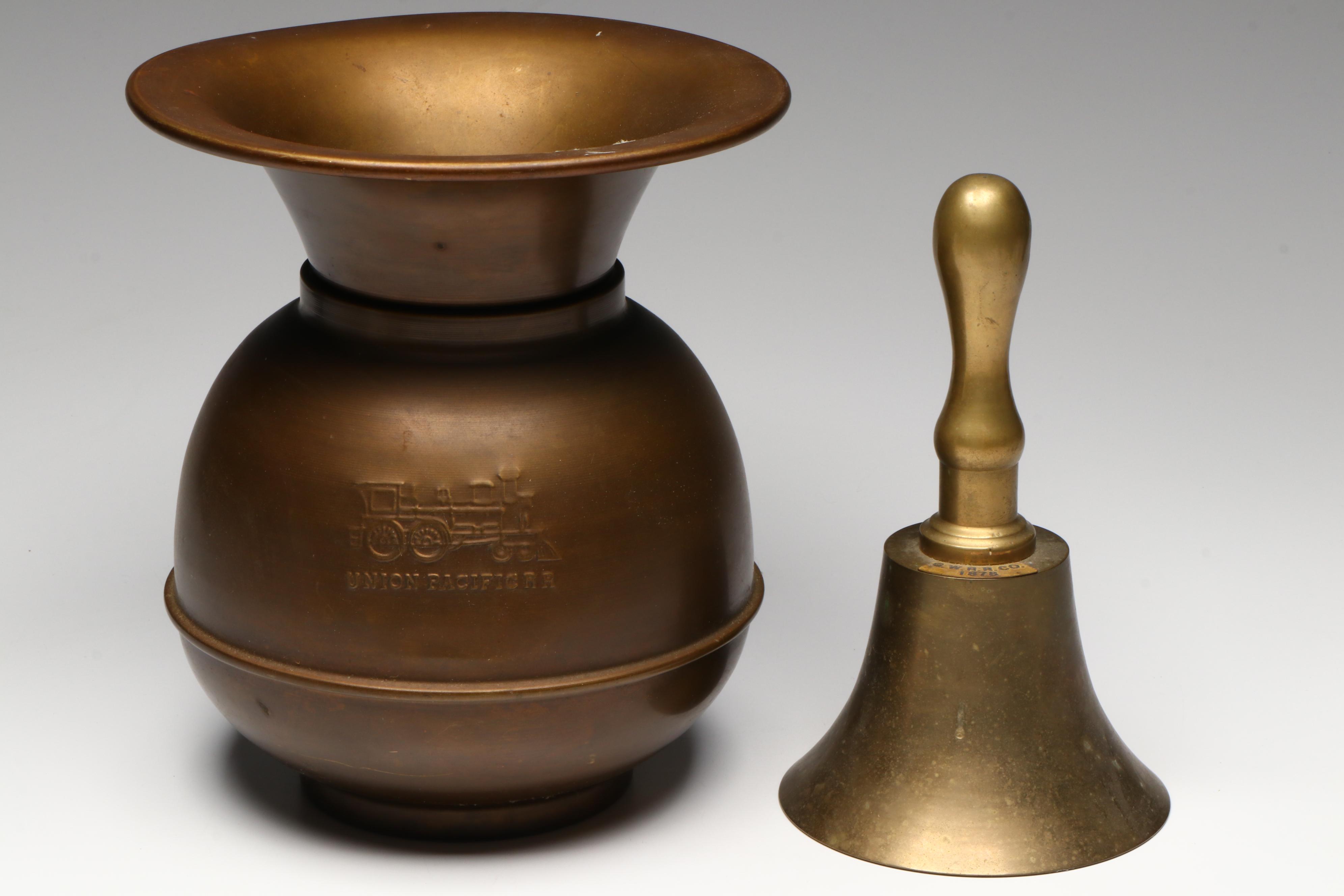 Brass Duck Figurine with Railroad Spitoon and Bell