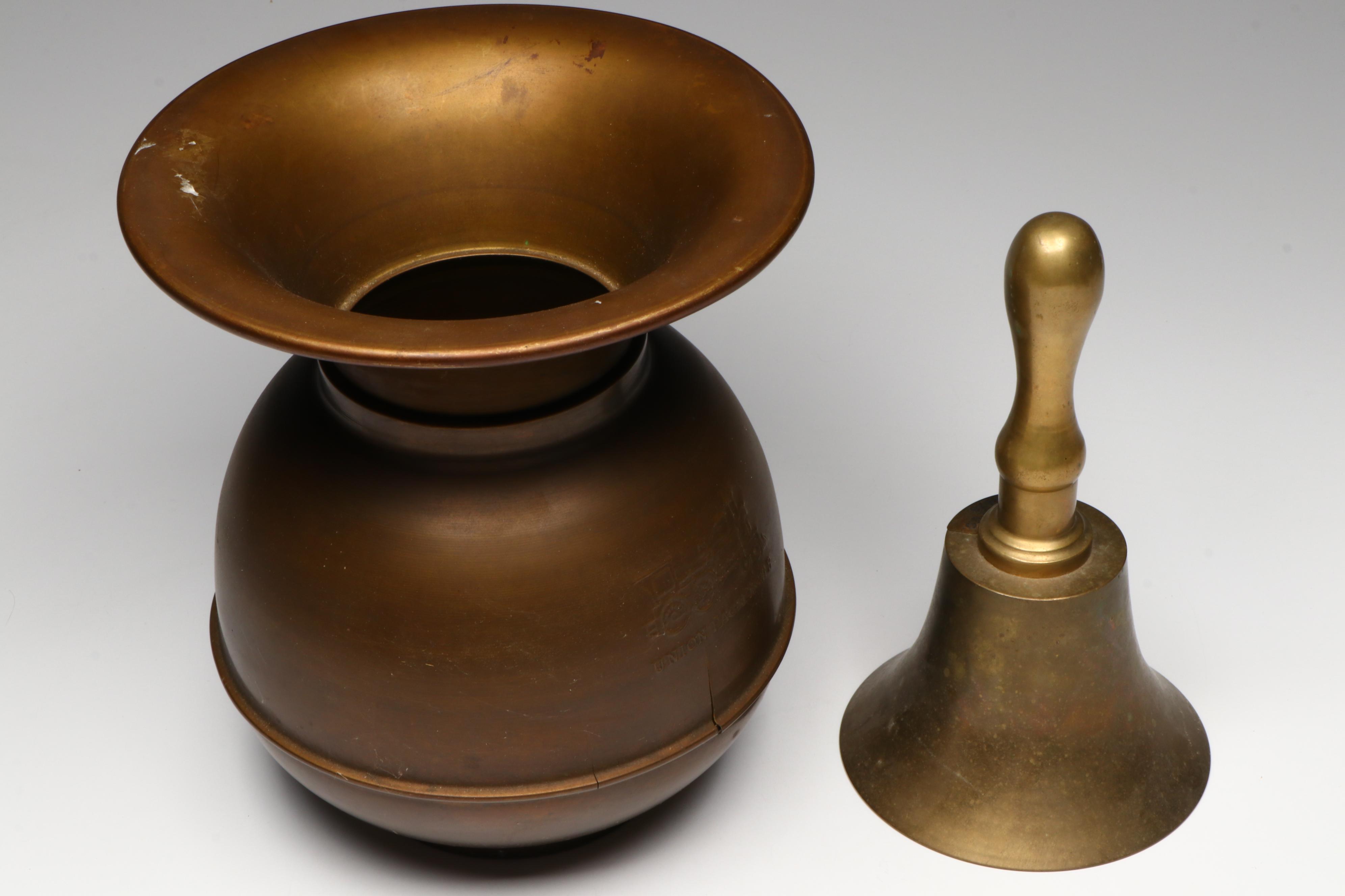 Brass Duck Figurine with Railroad Spitoon and Bell